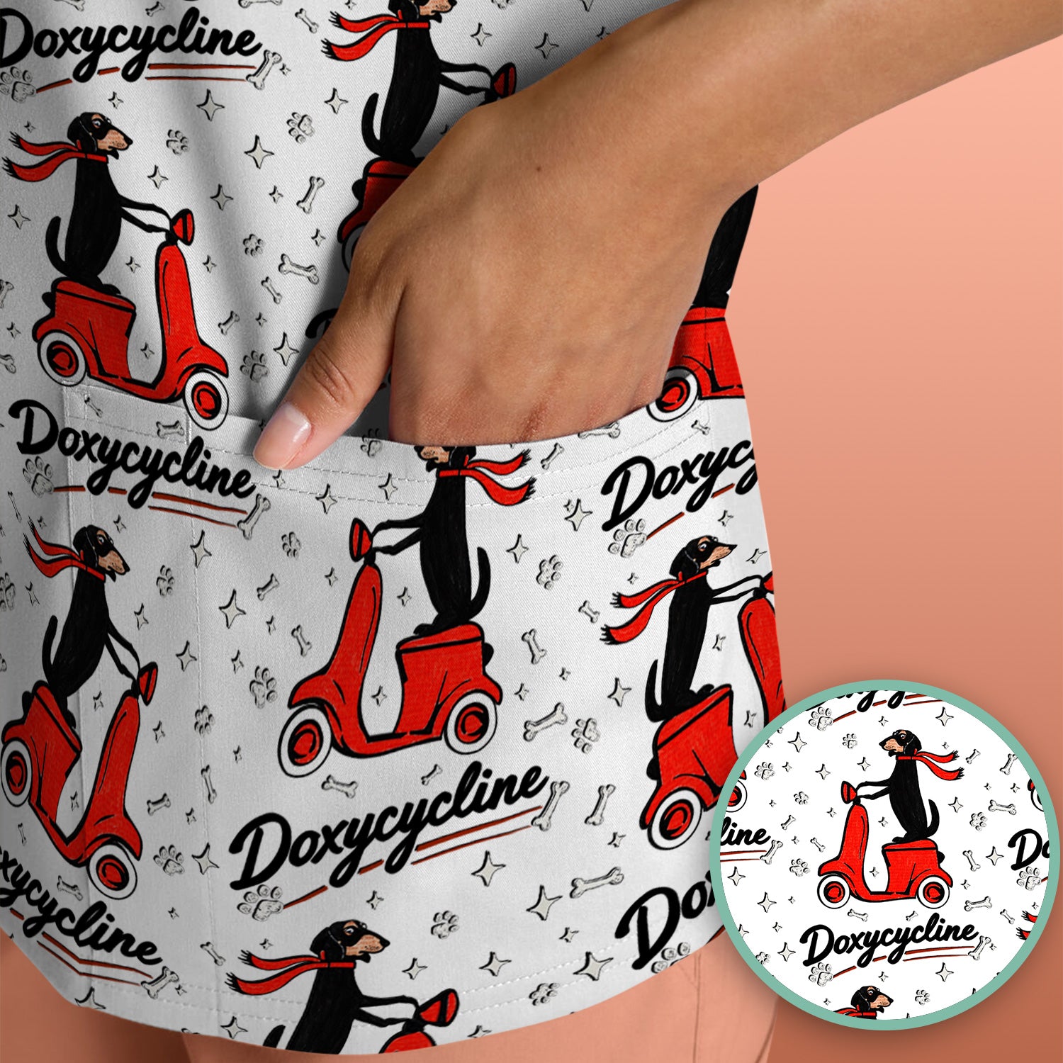 Funny Dachshund Riding Scooter Doxycycline Print Scrub Top ,Comfortable Scrubs for Nurses