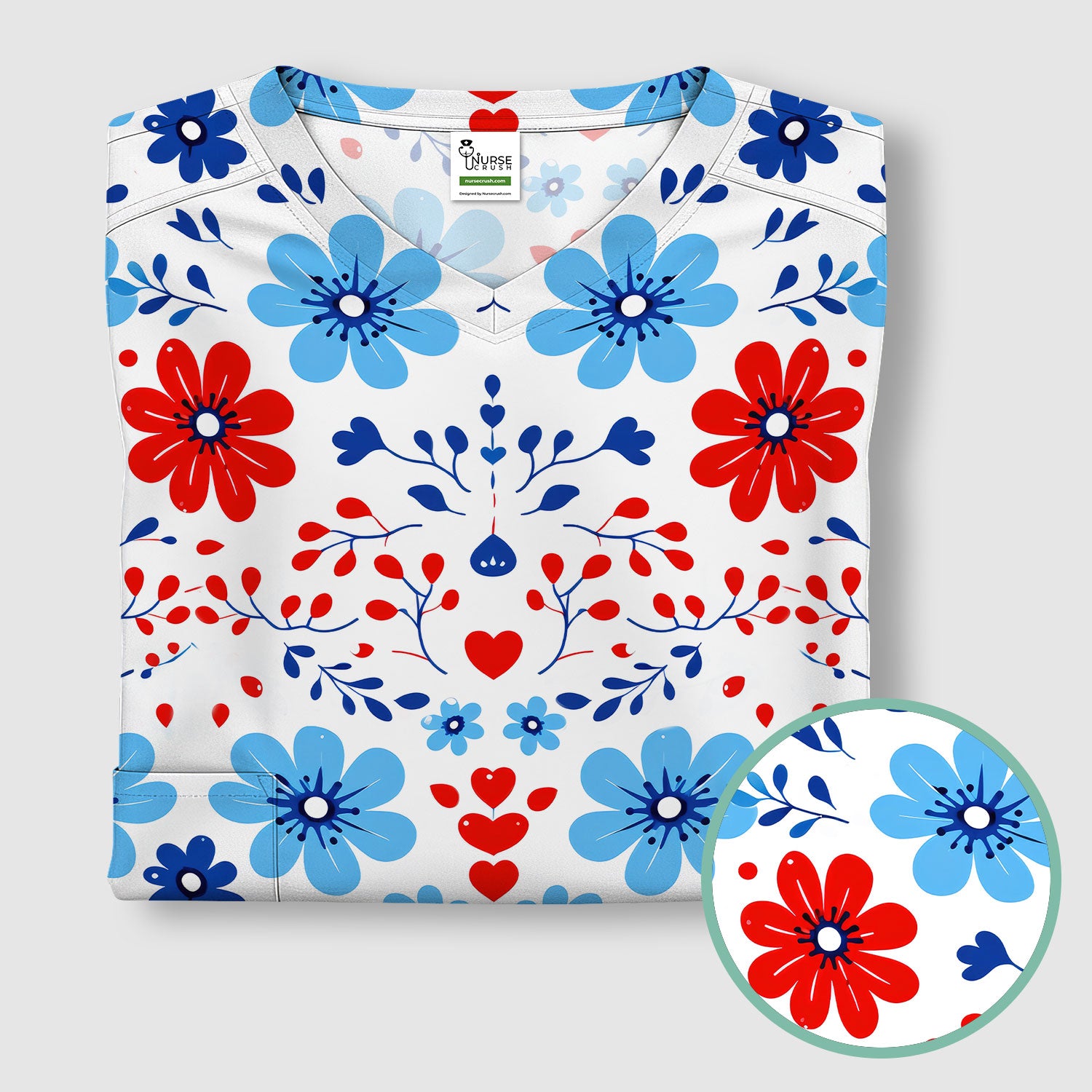 Symmetrical Folk Floral Heart Pattern Scrub Top, Breathable Fabrics Nursing Uniform