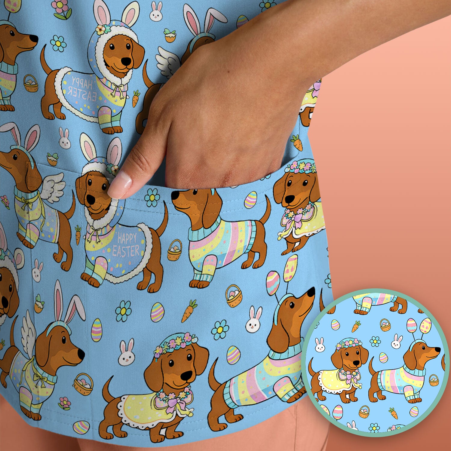 Easter Dachshund Bunny Print Scrub Top, Breathable Fabrics Nursing Uniform