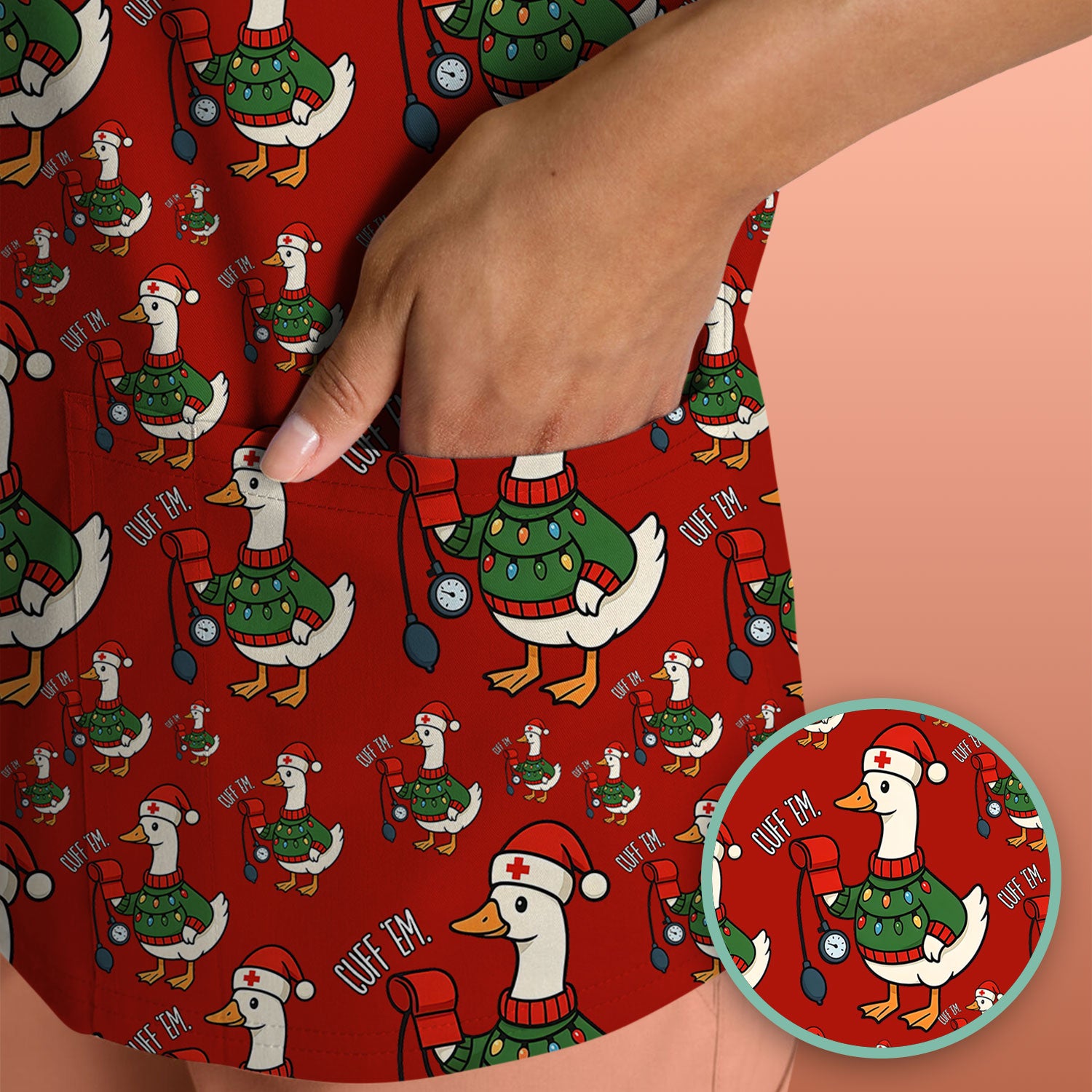 Nurse Christmas Duck Scrub Top, Cute Goose Pattern Scrub Shirt, RN LPN CNA Nursing Uniform