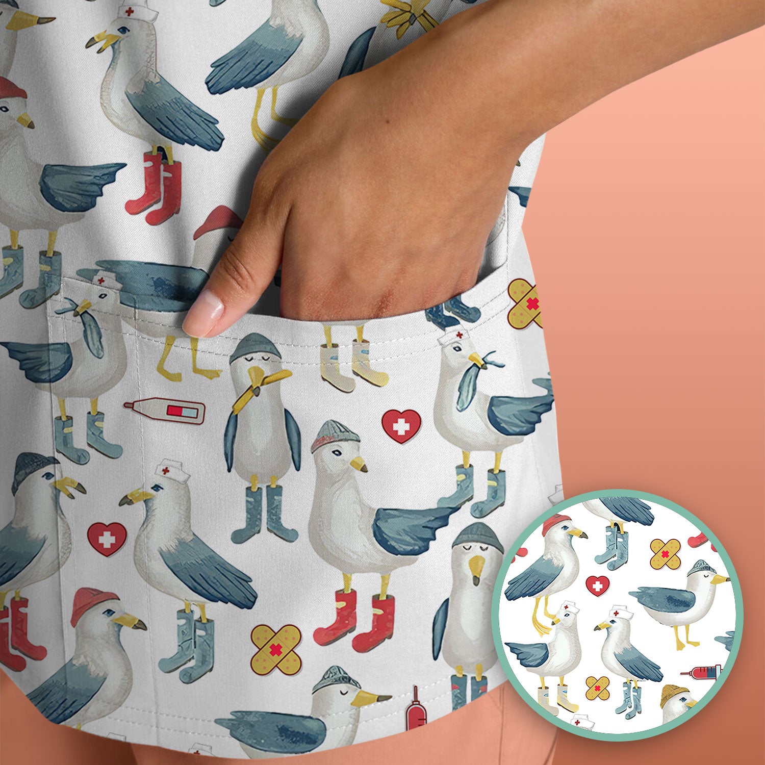 Funny Seagull Nurse Scrub Top - Cute Bird with Medical Icons - Comfortable Scrubs for Women