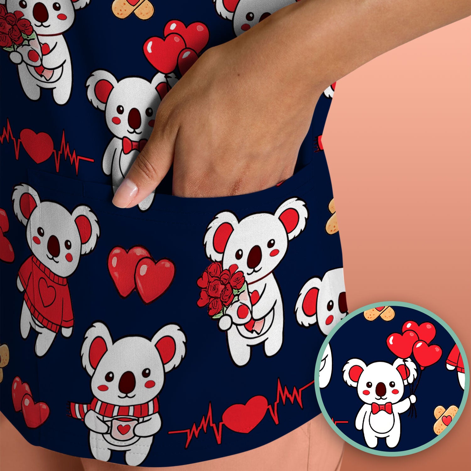 Sweet Koala Valentine Medical Design Scrub Top, Comfortable Scrubs for Nurses