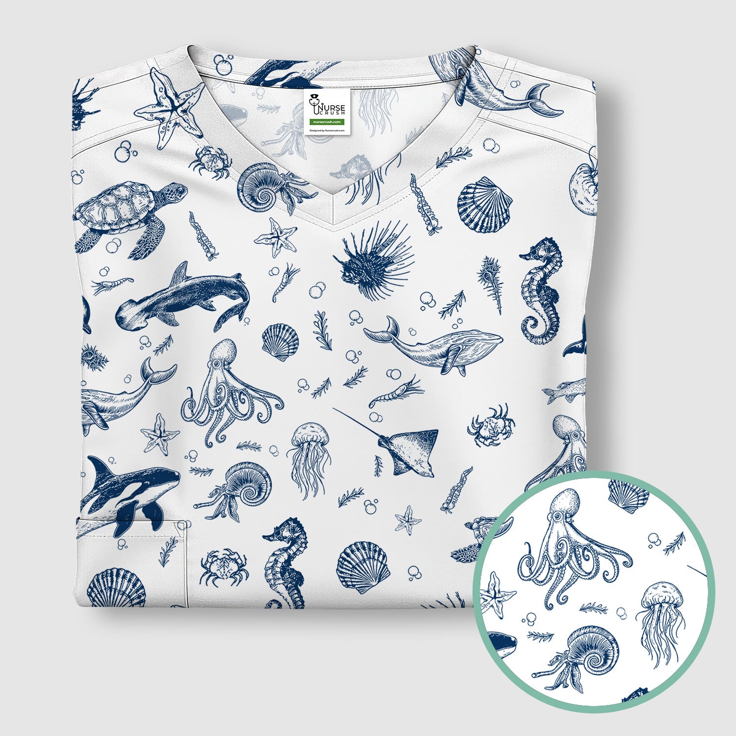 Marine Sea Life Pattern Scrub Top, Breathable Fabrics Nursing Uniform