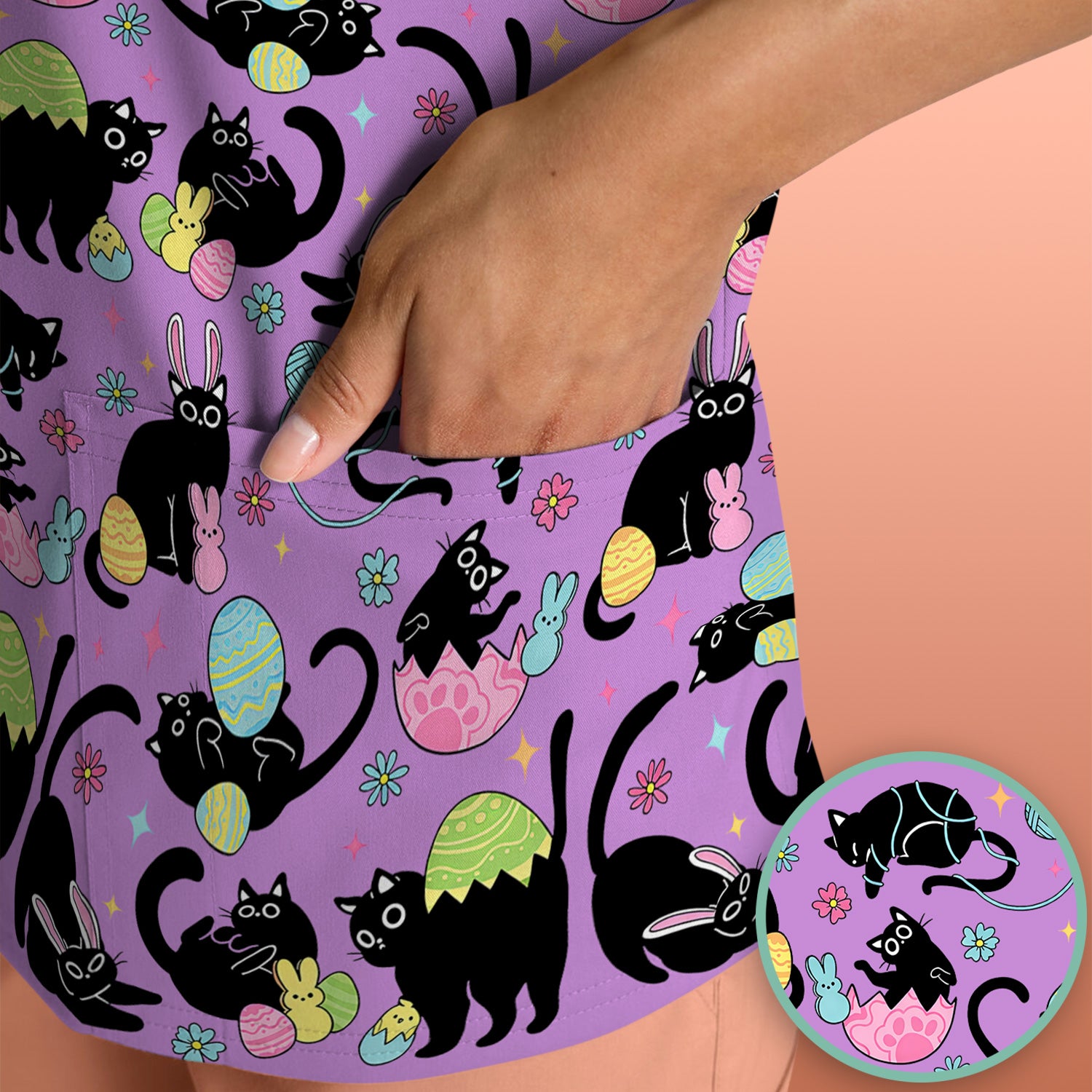 Funny Easter Black Cat Egg Pattern Scrub Top, Breathable Fabrics Nursing Uniform