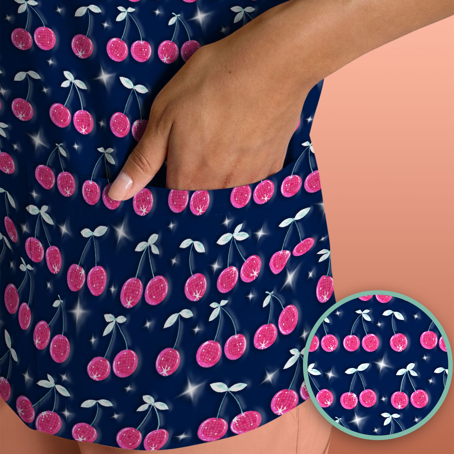Pink Cherry Sparkle Print Scrub Top, Comfortable Scrubs for Nurses