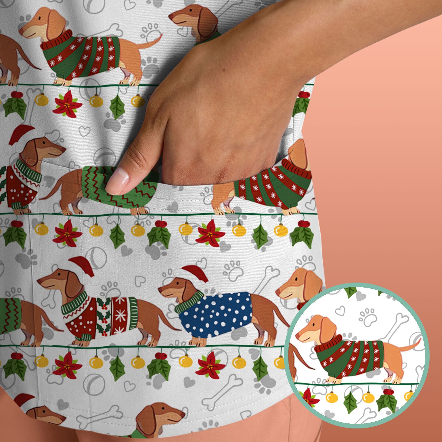 Holiday Wiener Dog Nurse Scrub Top - Festive Sausage Dog Christmas Medical Shirt for RN CNA LPN Women