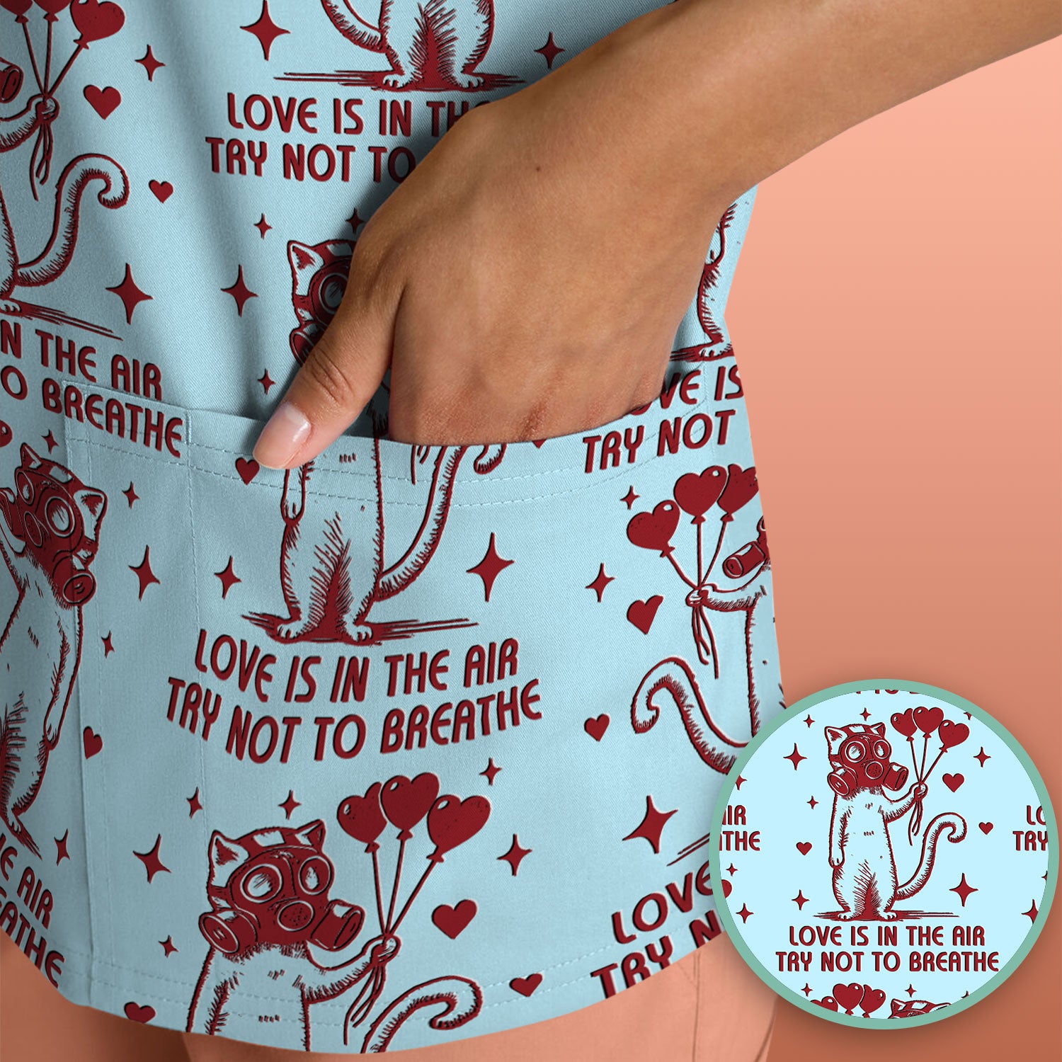 Gas Mask Cat Heart Balloon Valentine Print Scrub Top, Comfortable Scrubs for Nurses