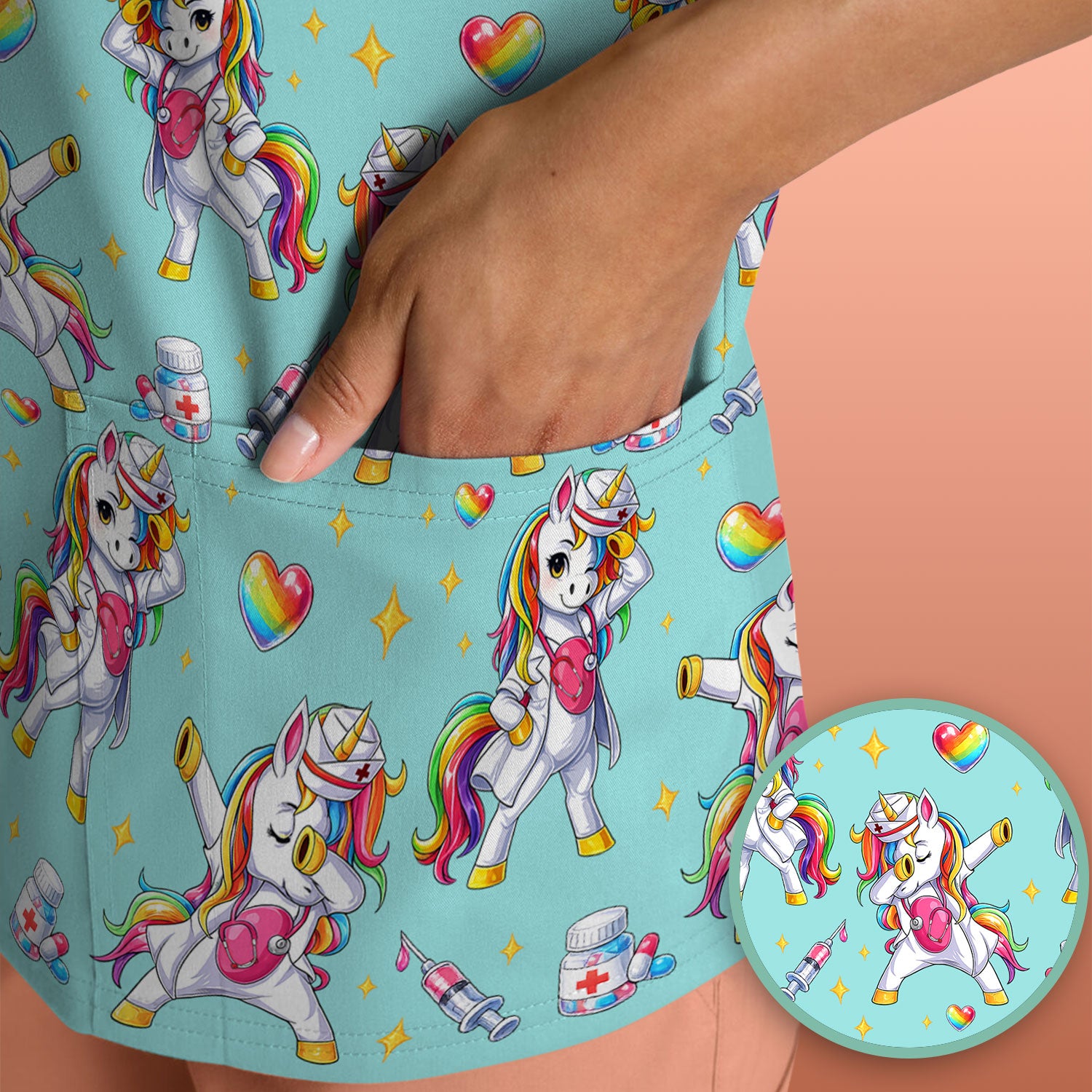 Playful Nurse Unicorn Rainbow Pattern Scrub Top, Comfortable Scrubs for Nurses