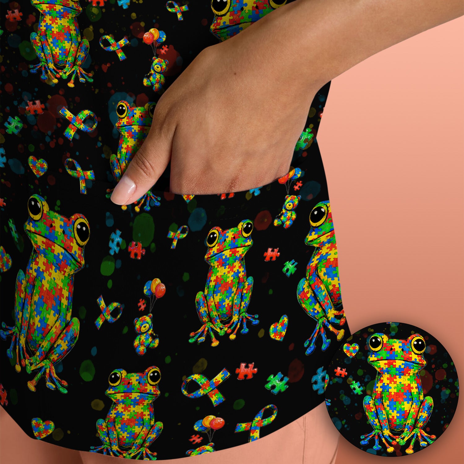 Colorful Autism Puzzle Frog Pattern Scrubs Top, Comfortable Scrubs for Nurses