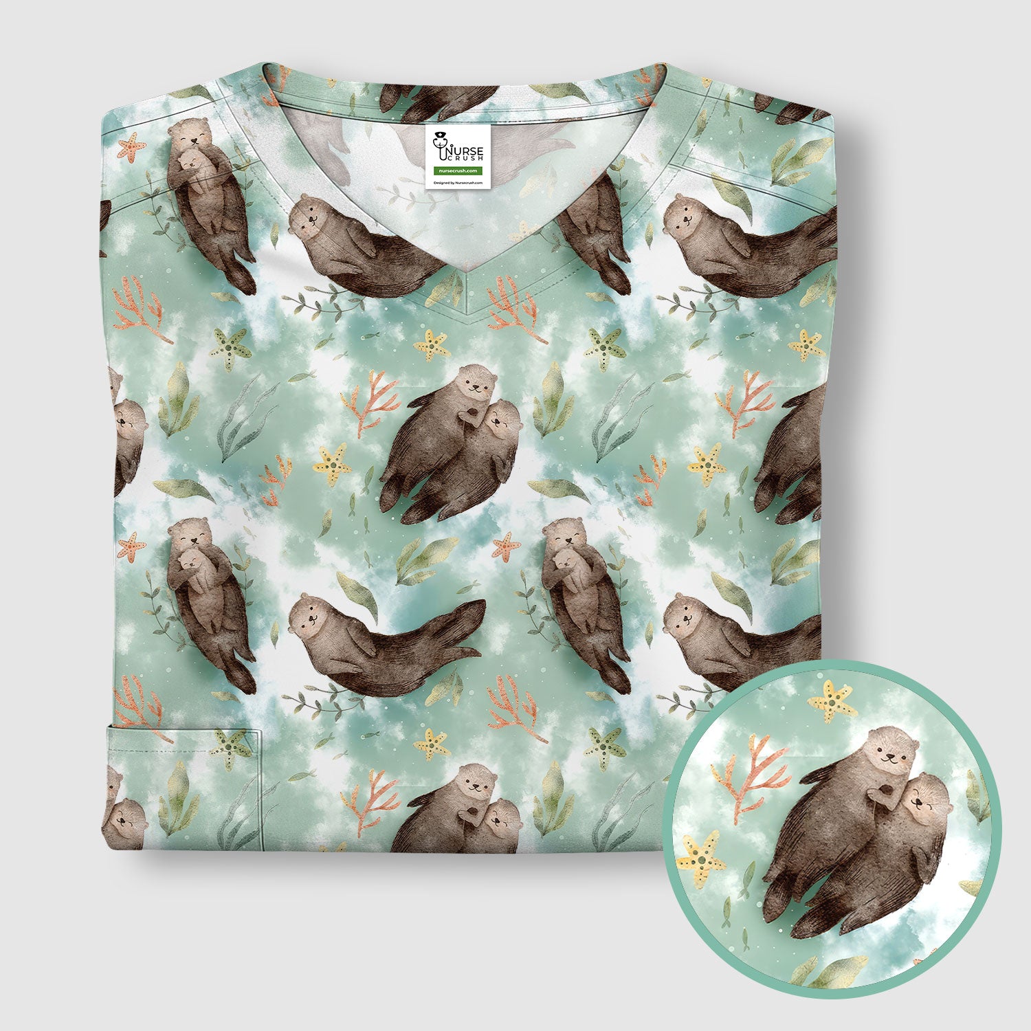 Cute Sea Otter Watercolor Print Scrub Top for Women, Breathable Nursing Uniform