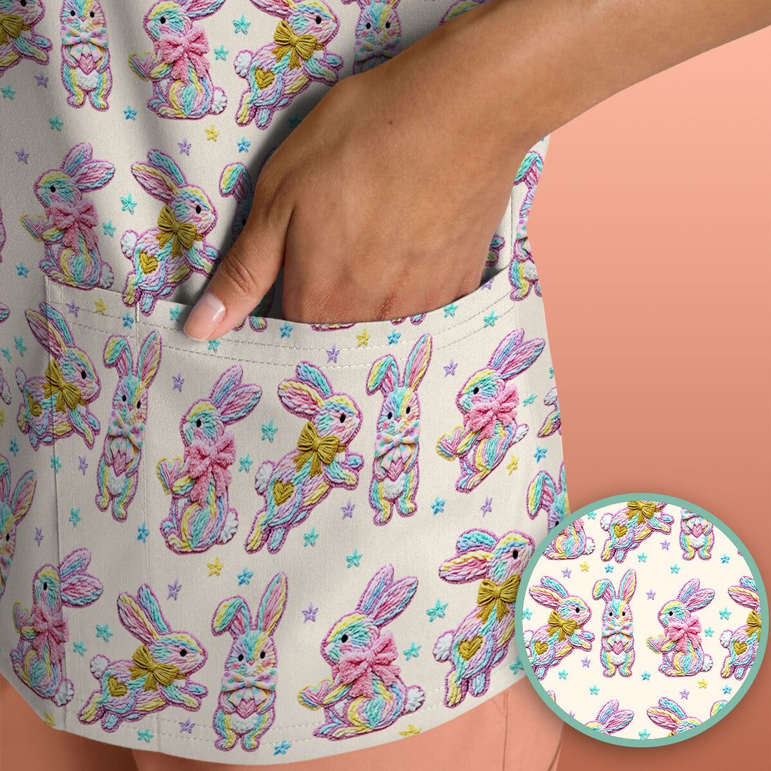 Cartoon Bunny All Over Print Scrub Top, Comfortable Scrubs for Nurses, Easter