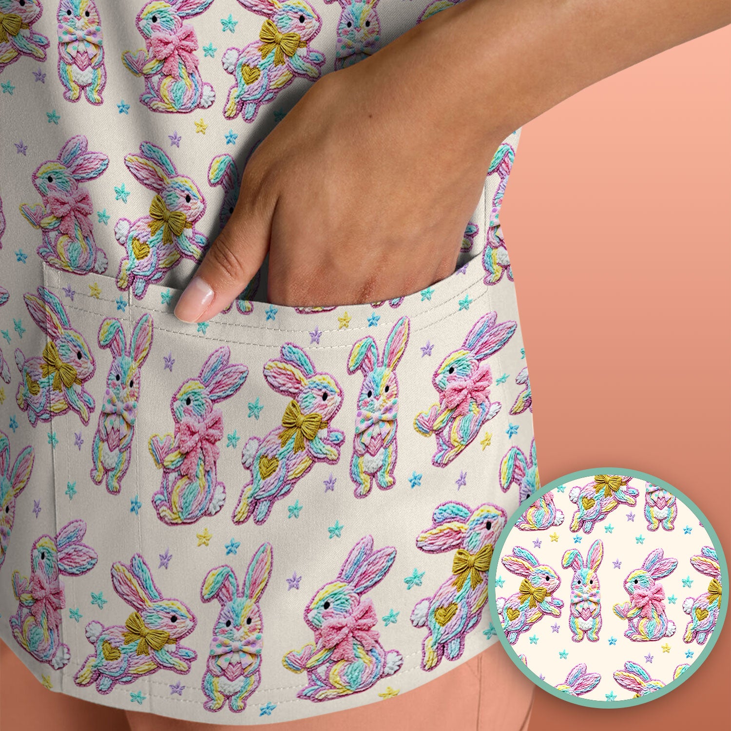 Cartoon Bunny All Over Print Scrub Top, Comfortable Scrubs for Nurses, Easter