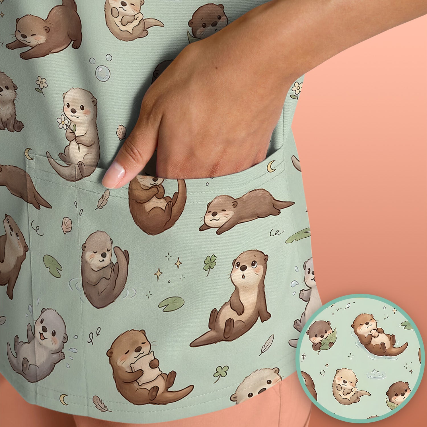 Cute Otter Pattern Scrub Top, Comfortable Scrubs for Nurses