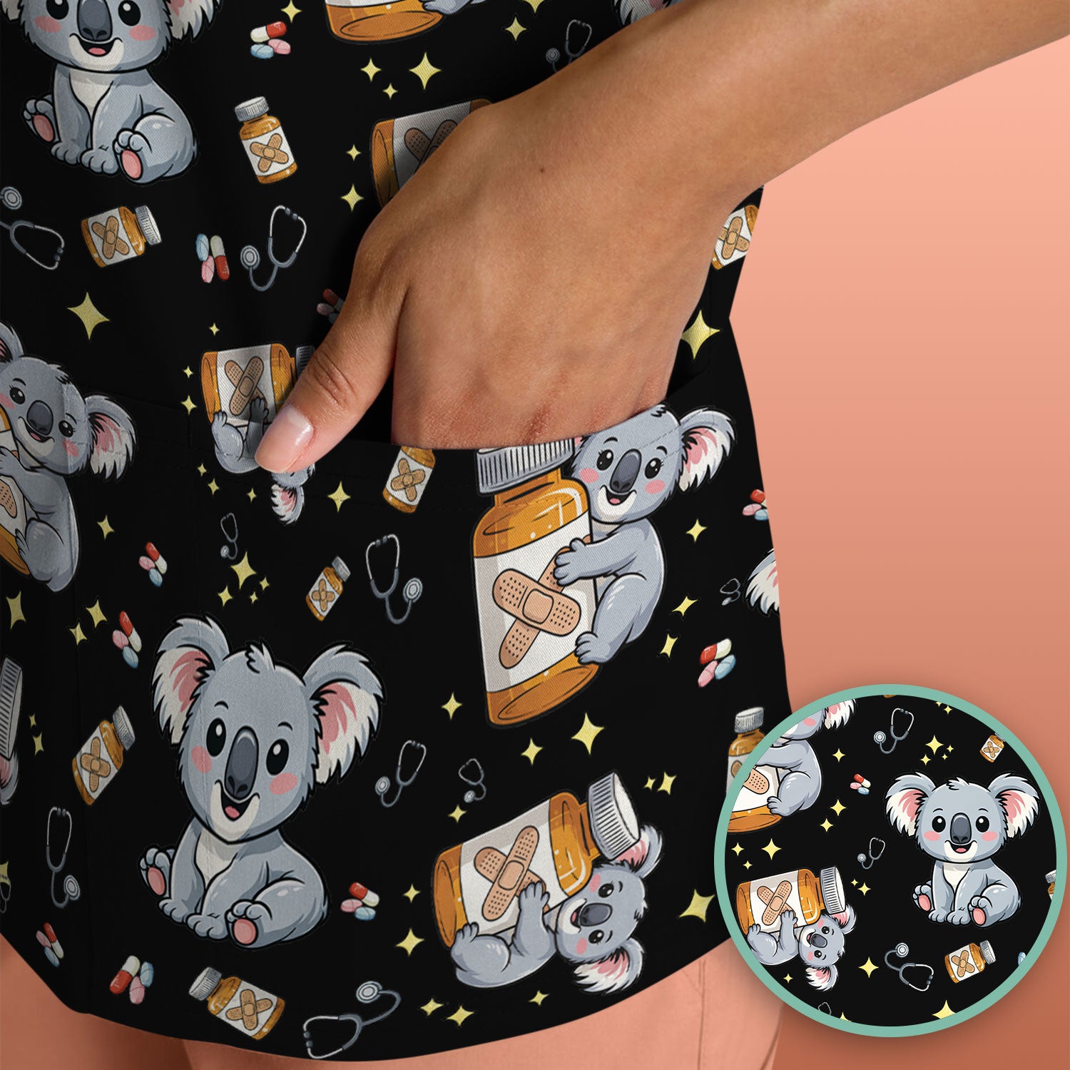 Cute Koala Nurse Bandage Medicine Print Scrub Top, Comfortable Scrubs for Nurses