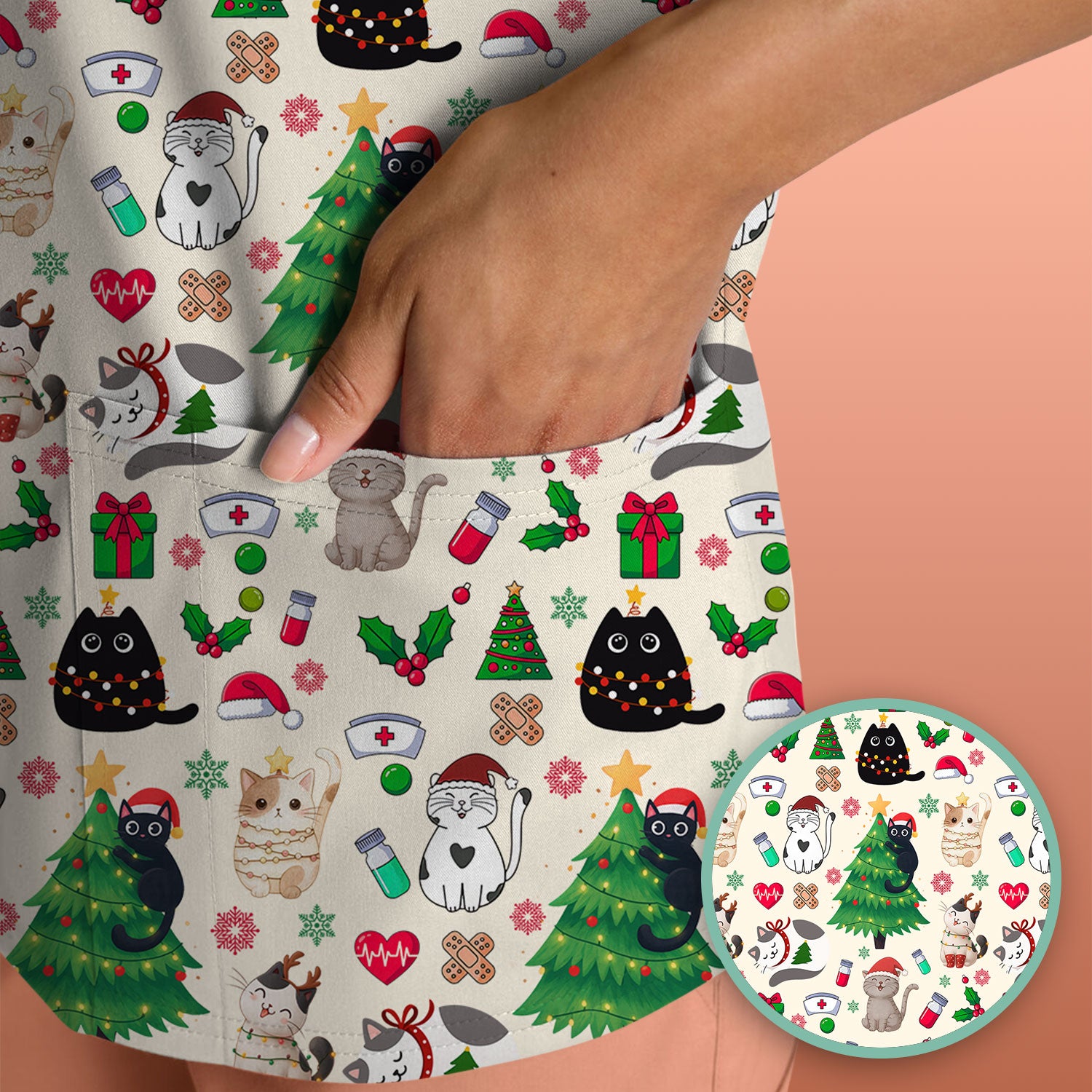 Christmas Cat Scrub Top, Xmas Pet Pattern Scrub Shirt, Breathable Fabrics Nursing Uniform