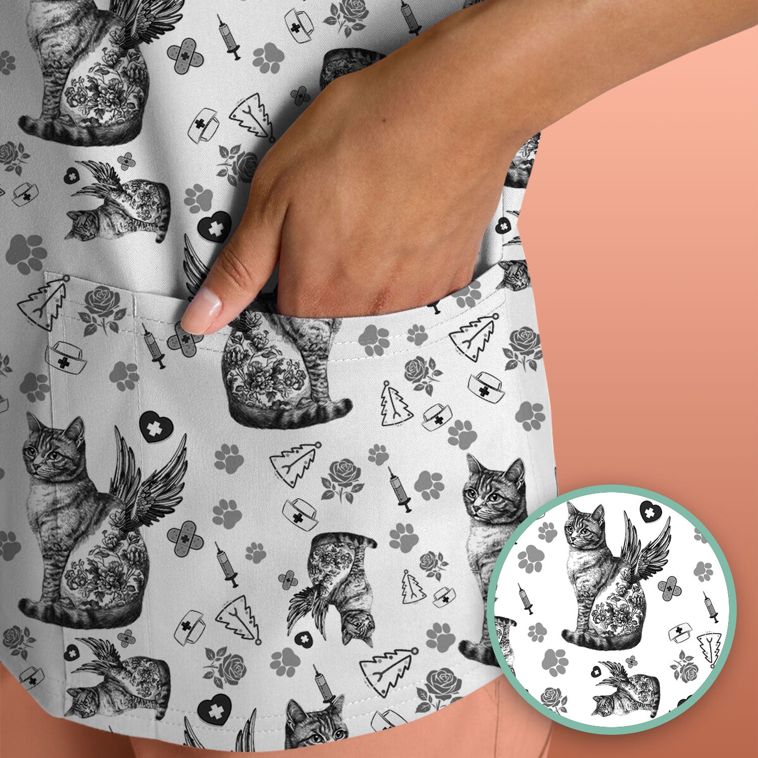 Toile de Jouy Cat Angel Scrub Top - Blue Vintage Nurse Shirt - French Style Medical Uniform for Women RN LPN CNA Gift