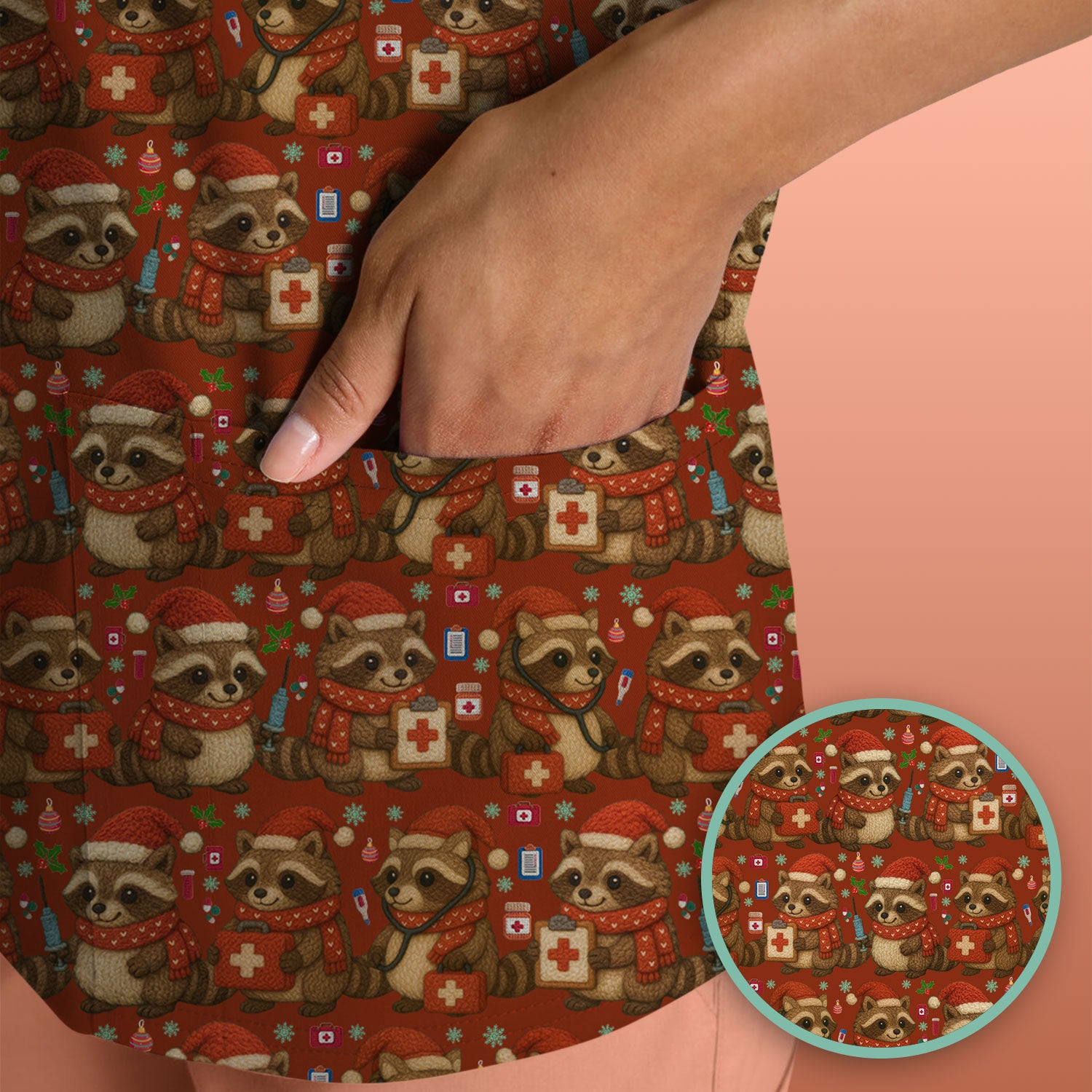 Christmas Scrub Top – Nurse Raccoon Pattern Shirt – Cute Medical Uniform For Nursing