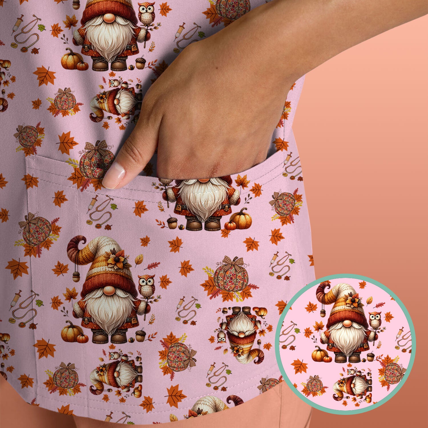Fall Gnome Nurse Scrub Top for Women - Autumn Leaves Pumpkin Shirts - Thanksgiving Nursing Uniform Gift for RN LPN CNA