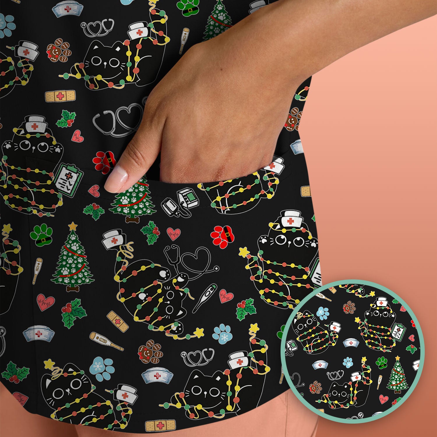 Funny Black Cat Christmas Scrub Top – Cute Holiday Kitty Pattern – Festive Medical Uniform for Nurses, Vets, and Cat Lovers