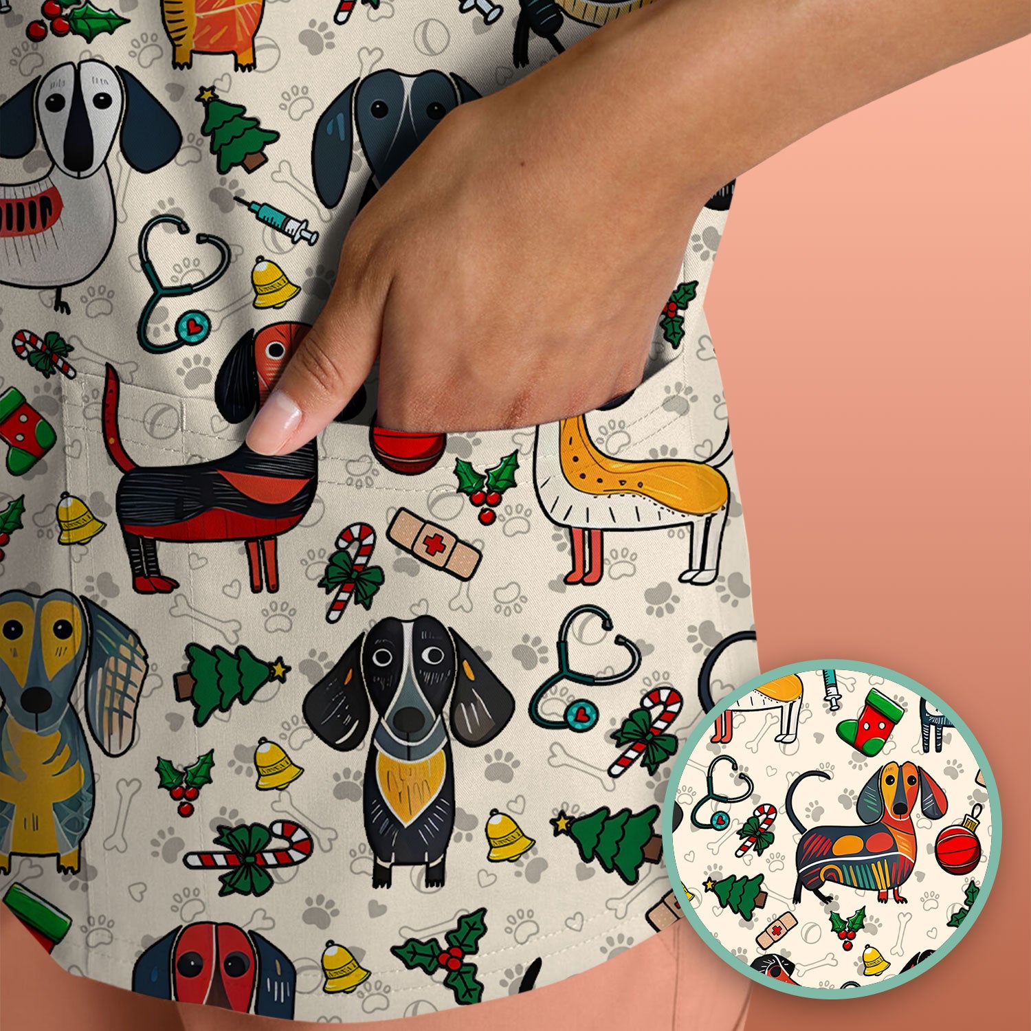Christmas Wiener Dog Scrub Top - Funny Sausage Dog Nurse Shirt for Women - Holiday Medical Uniform