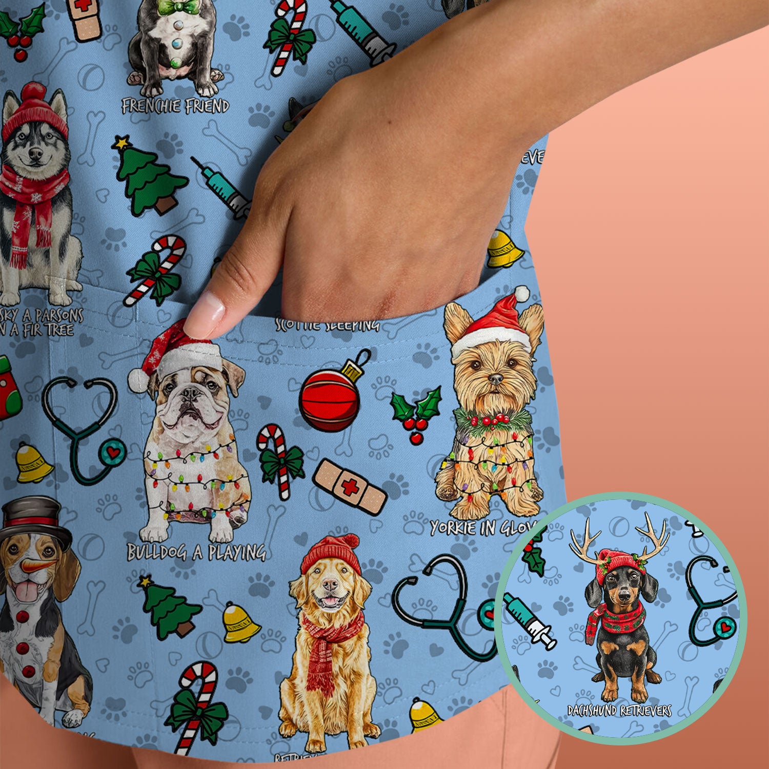 Christmas Dog Scrubs for Nurses – Dachshund, Husky, Poodle, Corgi & Labrador Holiday Scrub Top – Funny Santa Pattern Medical Shirt