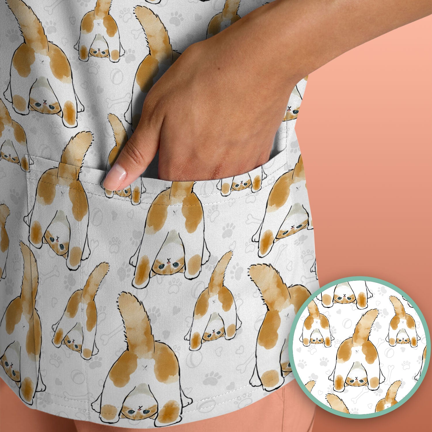 Cute Cat Butt Nurse Scrub Top, Cat Pattern Medical Shirt For Pet Lover, Breathable Fabrics Nursing Uniform