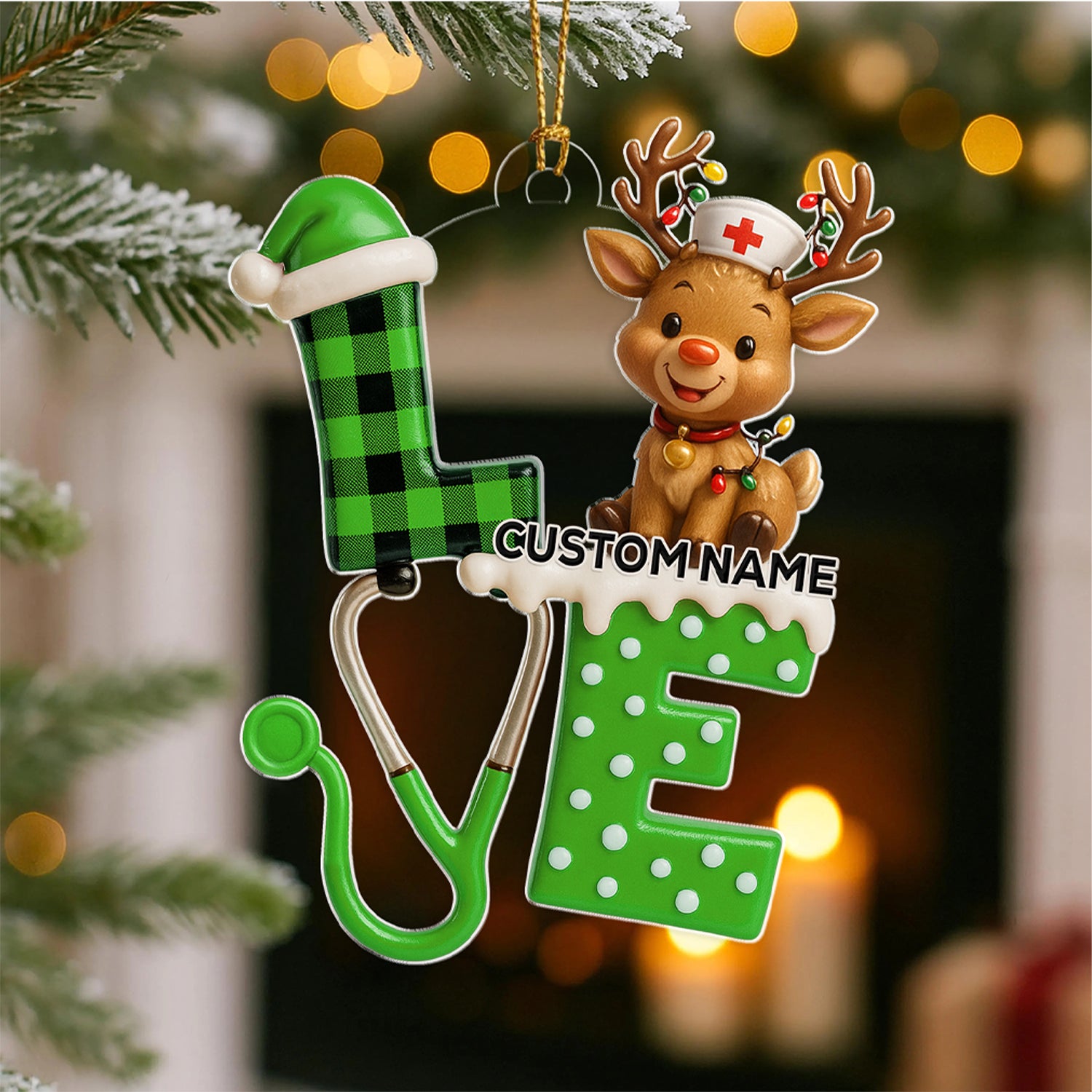 Personalized Nurse Reindeer LOVE Ornament, Custom Name Medical Christmas Tree Decor, Cute RN/LPN Holiday Gift for Healthcare Workers