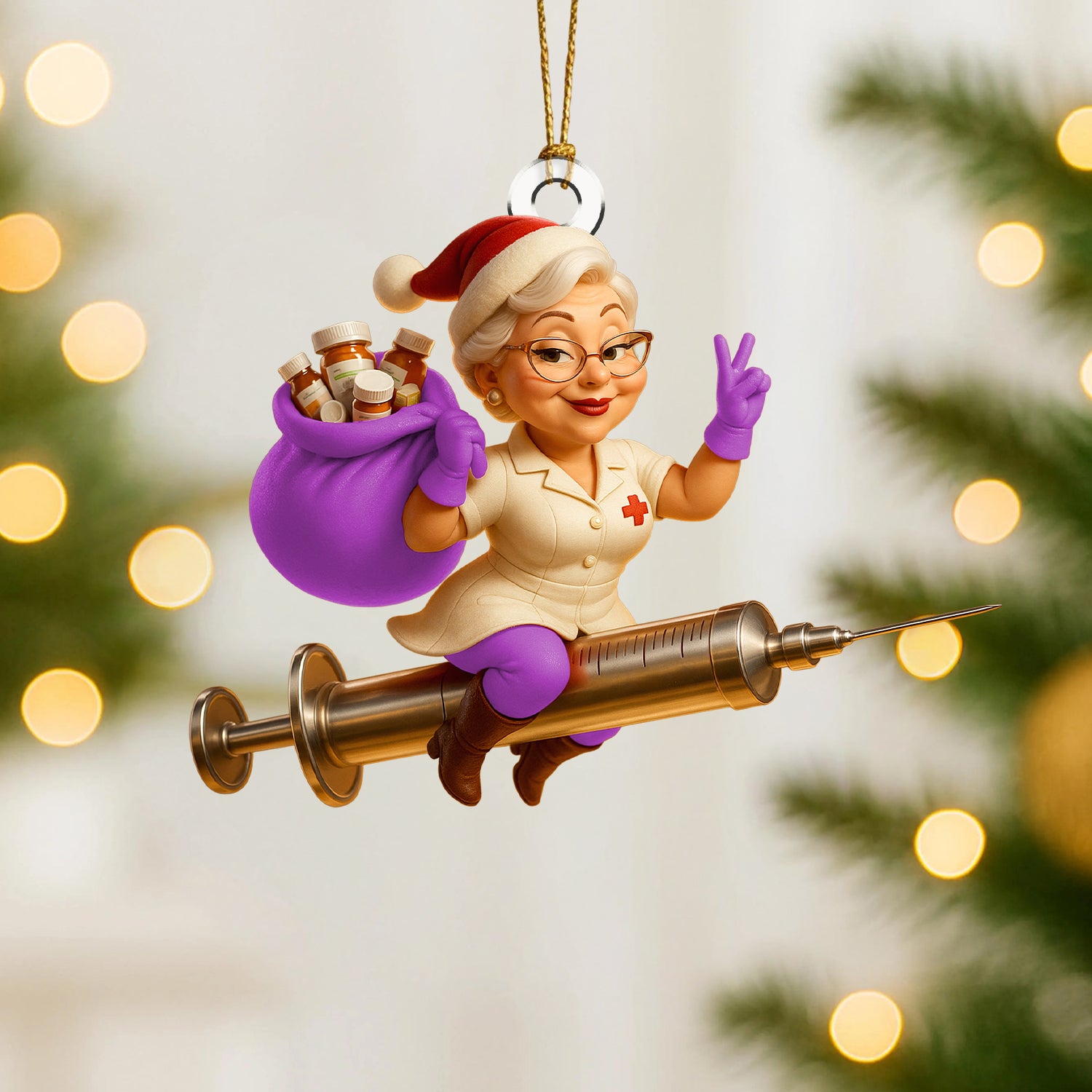 Funny Nurse Christmas Ornament, Custom Healthcare Worker Ornament, Santa Nurse Riding Syringe, Unique RN Xmas Gift