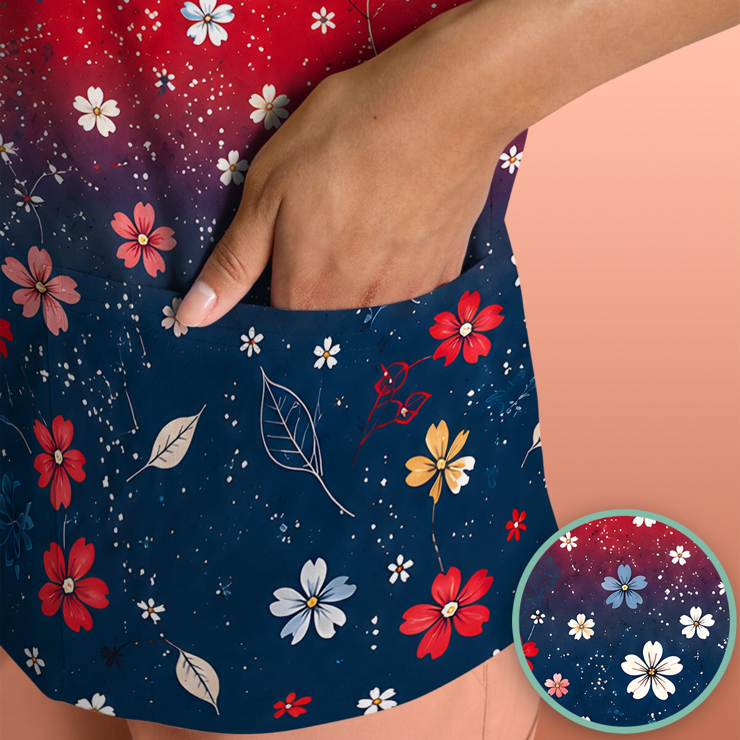 Patriotic Red White Blue Floral Ombre Print Scrub Top, Comfortable Scrubs for Nurses