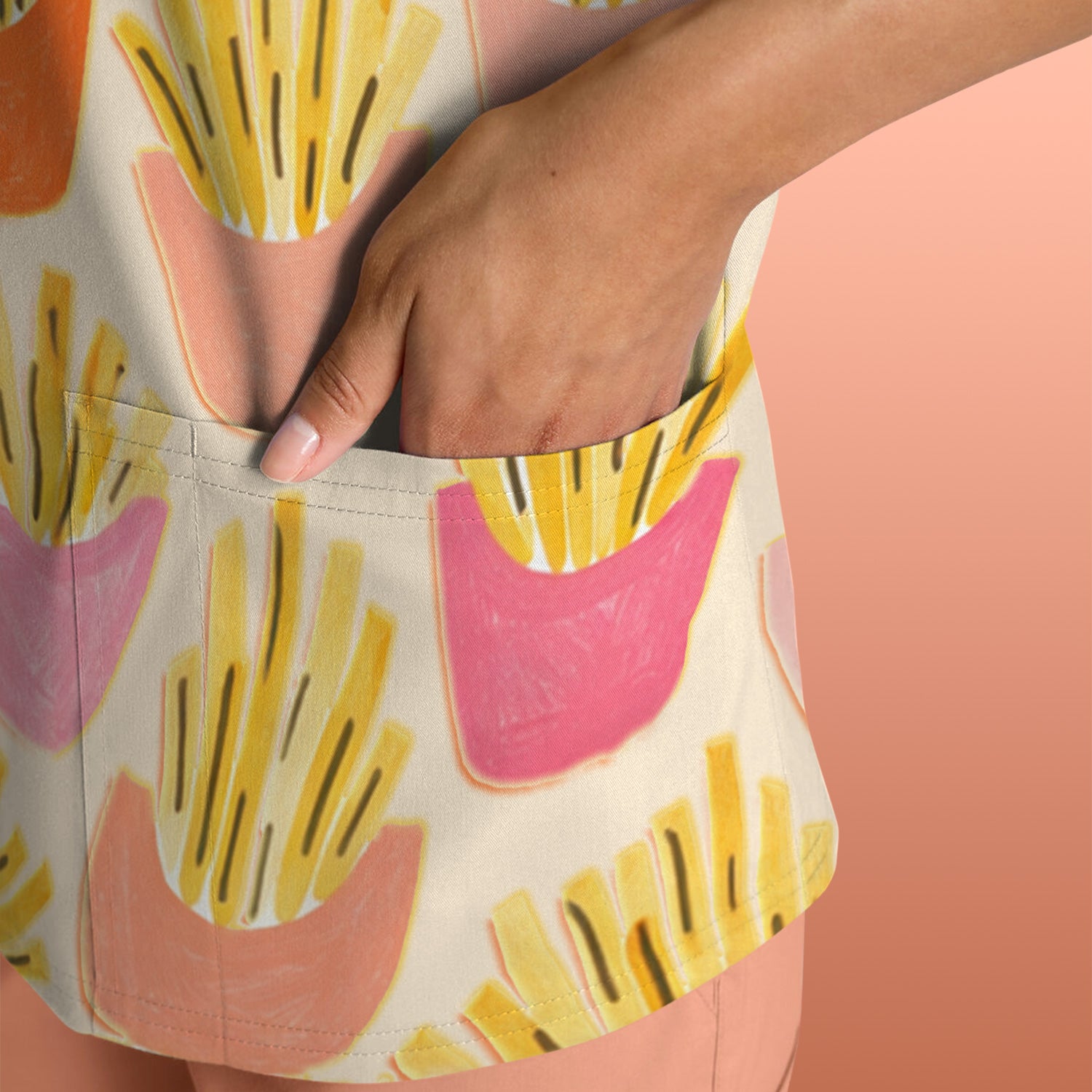 Funny French Fries Snack Food Pattern Scrub Top, Comfortable Scrubs for Nurses