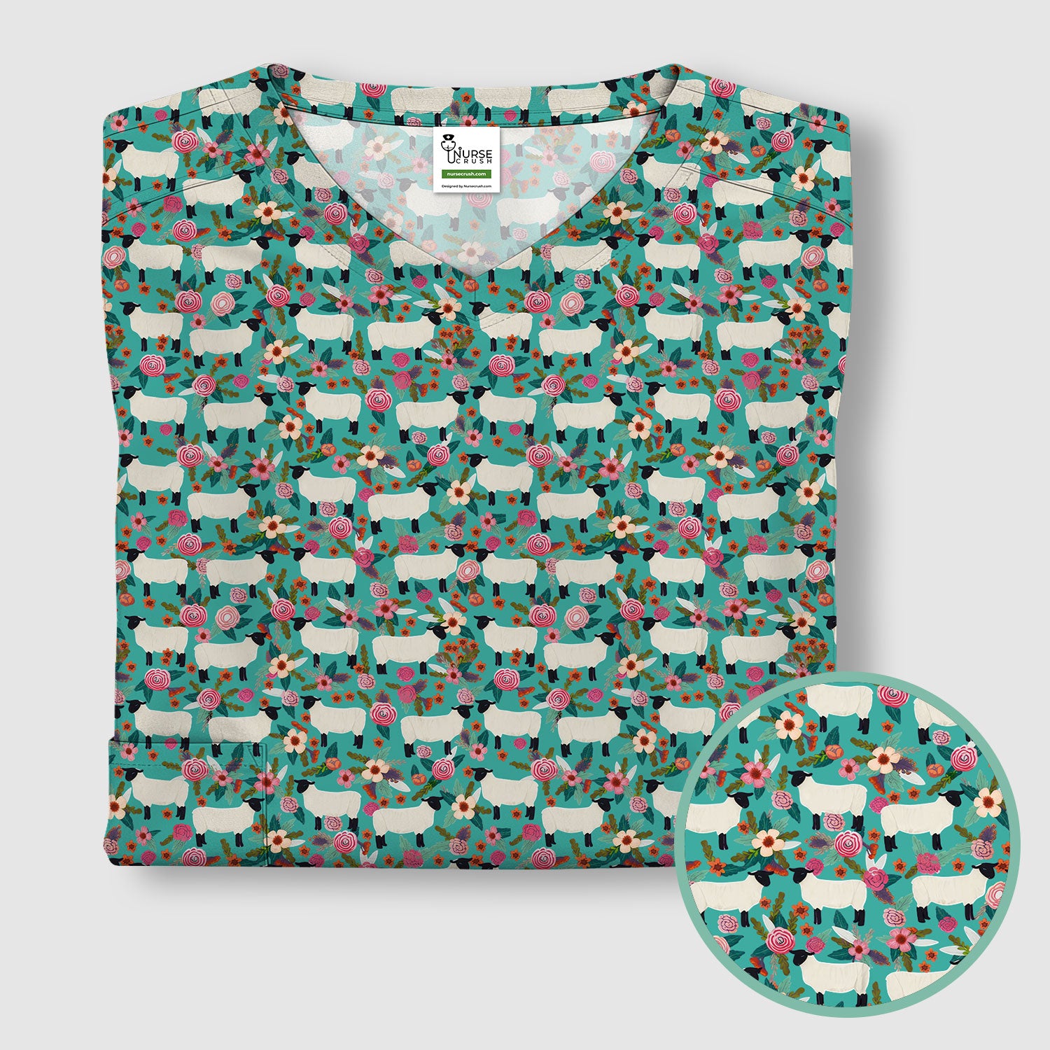 Cute Sheep Floral Meadow Pattern Scrub Top, Comfortable Scrubs For Nurses