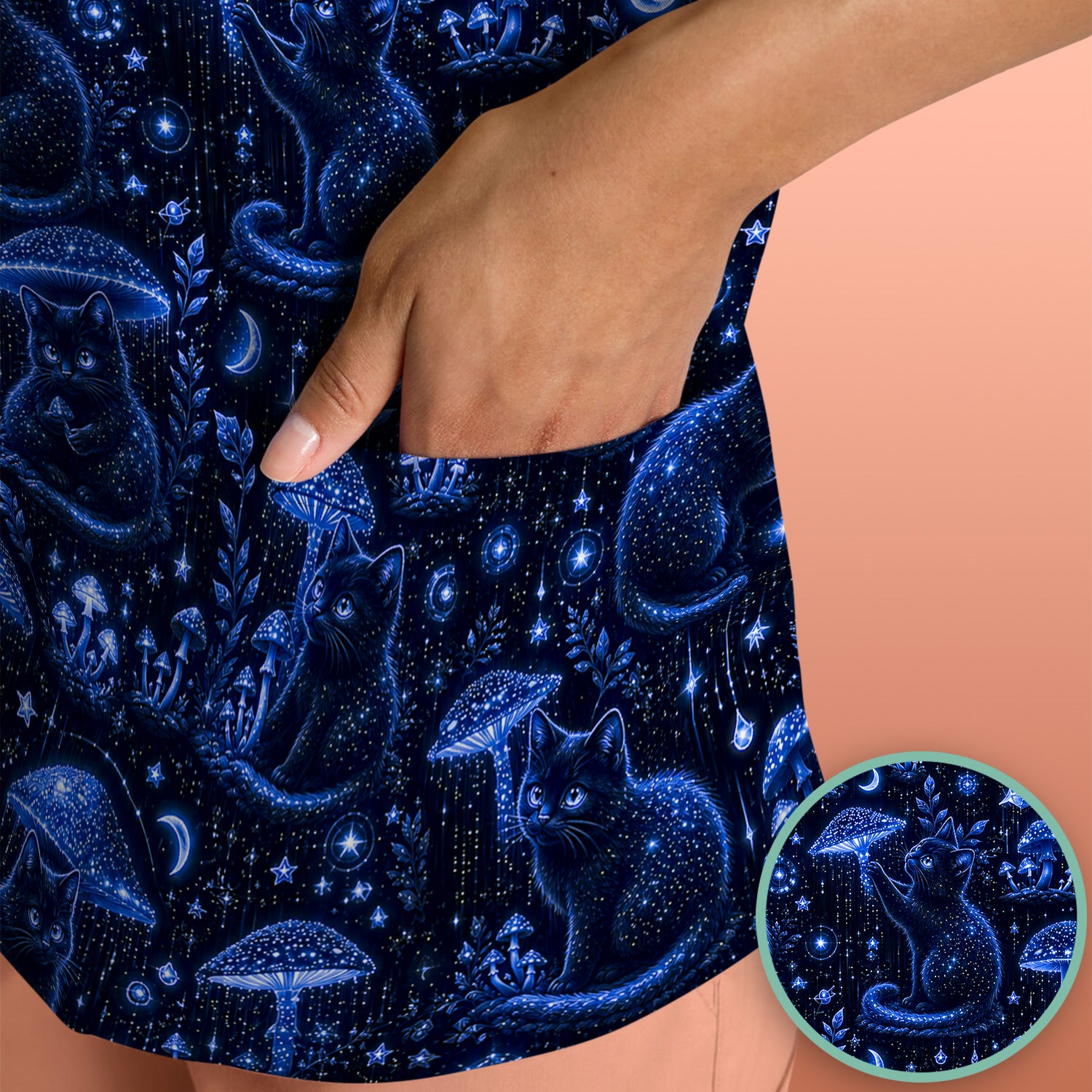 Celestial Black Cat Mushroom Pattern Scrub Top, Comfortable Scrubs for Nurses