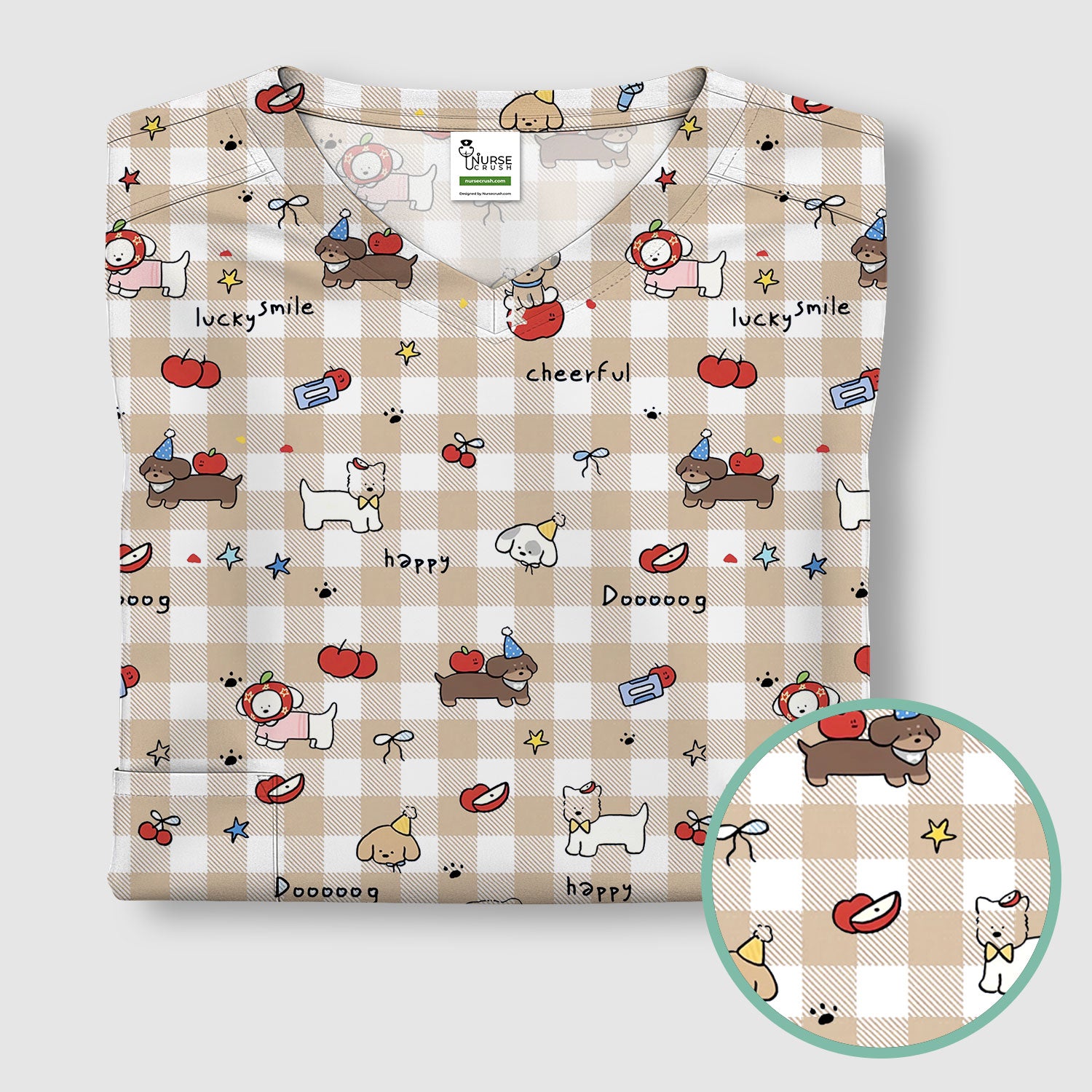 Cute Nurse Cartoon Puppy Apple Gingham Scrub Top, Breathable Fabrics Nursing Uniform