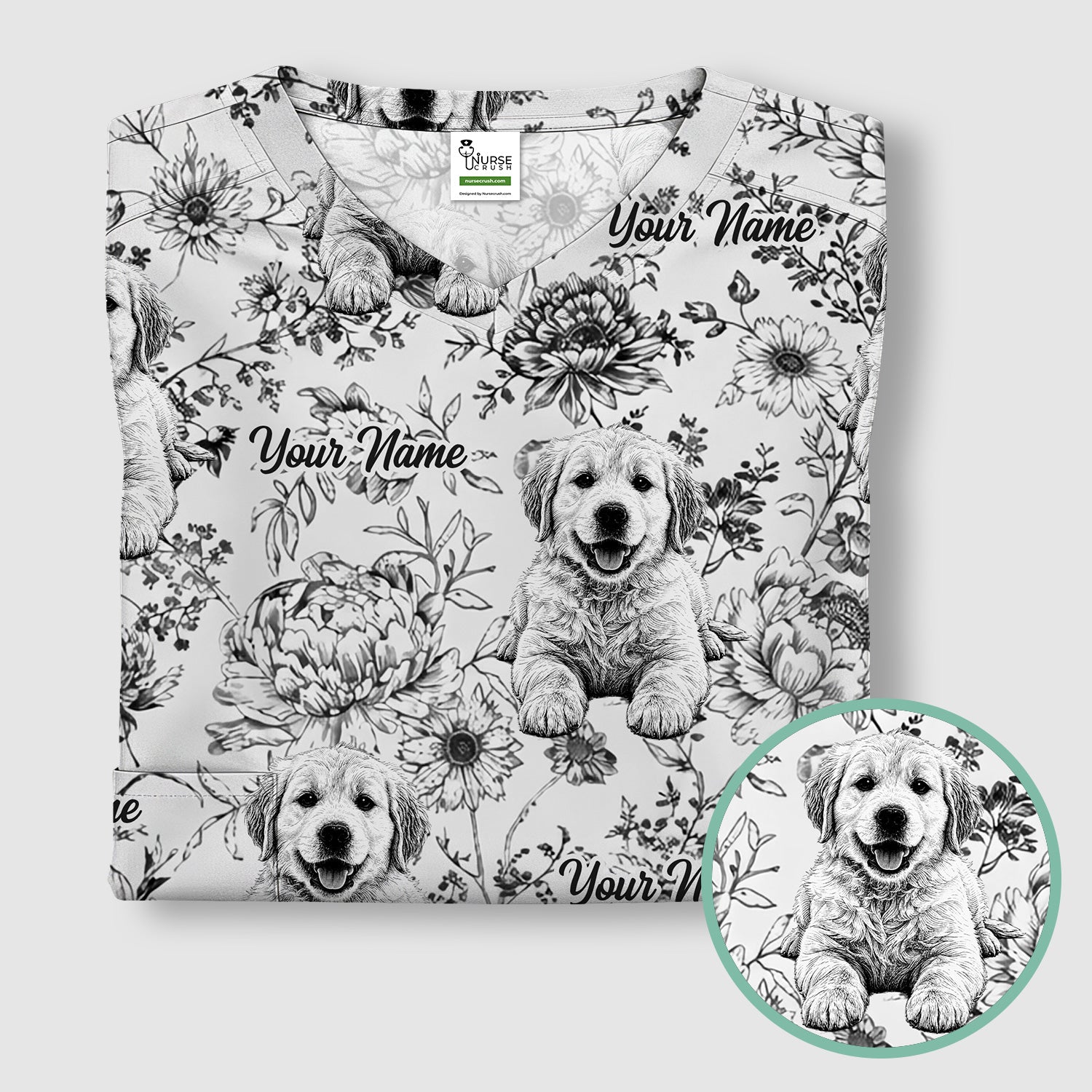 Personalized Custom Pet Photo Name Floral Pattern Scrub Top, Breathable Fabrics Nursing Uniform