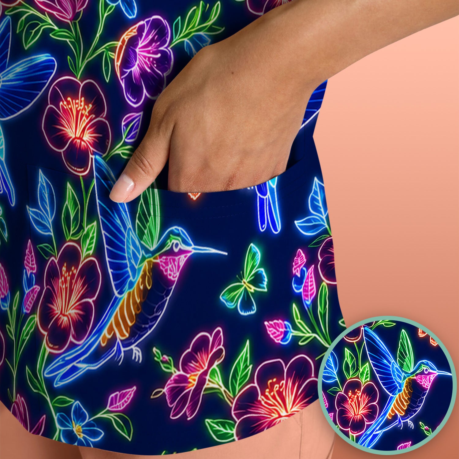 Neon Hummingbird Floral Garden Pattern Scrub Top, Comfortable Scrubs for Nurses