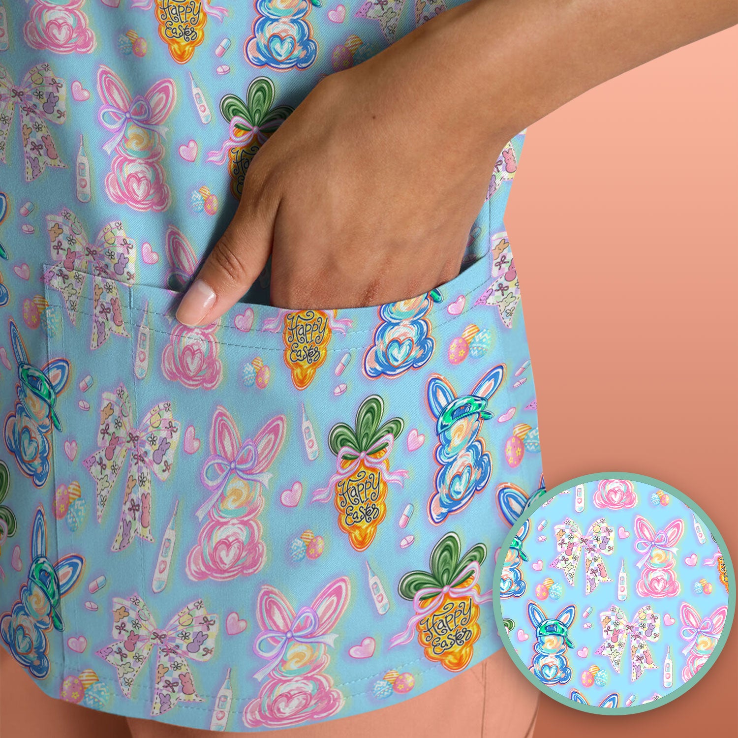 Easter Bunny Carrot Bow Floral Print Scrub Top, Comfortable Scrubs for Nurses
