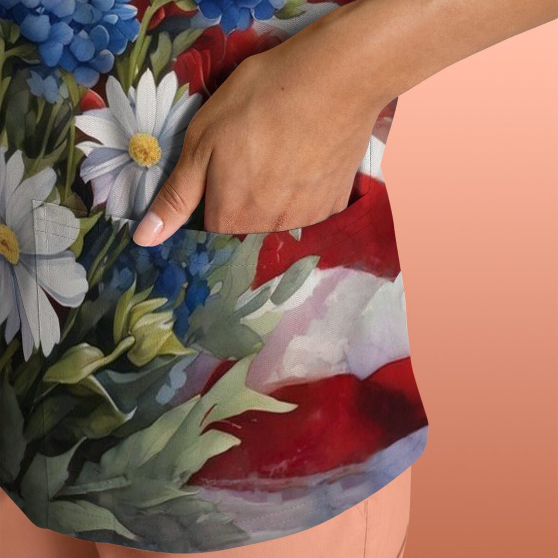 Festive US Flag Floral Bouquet Pattern Scrub Top, Comfortable Scrubs for Nurses
