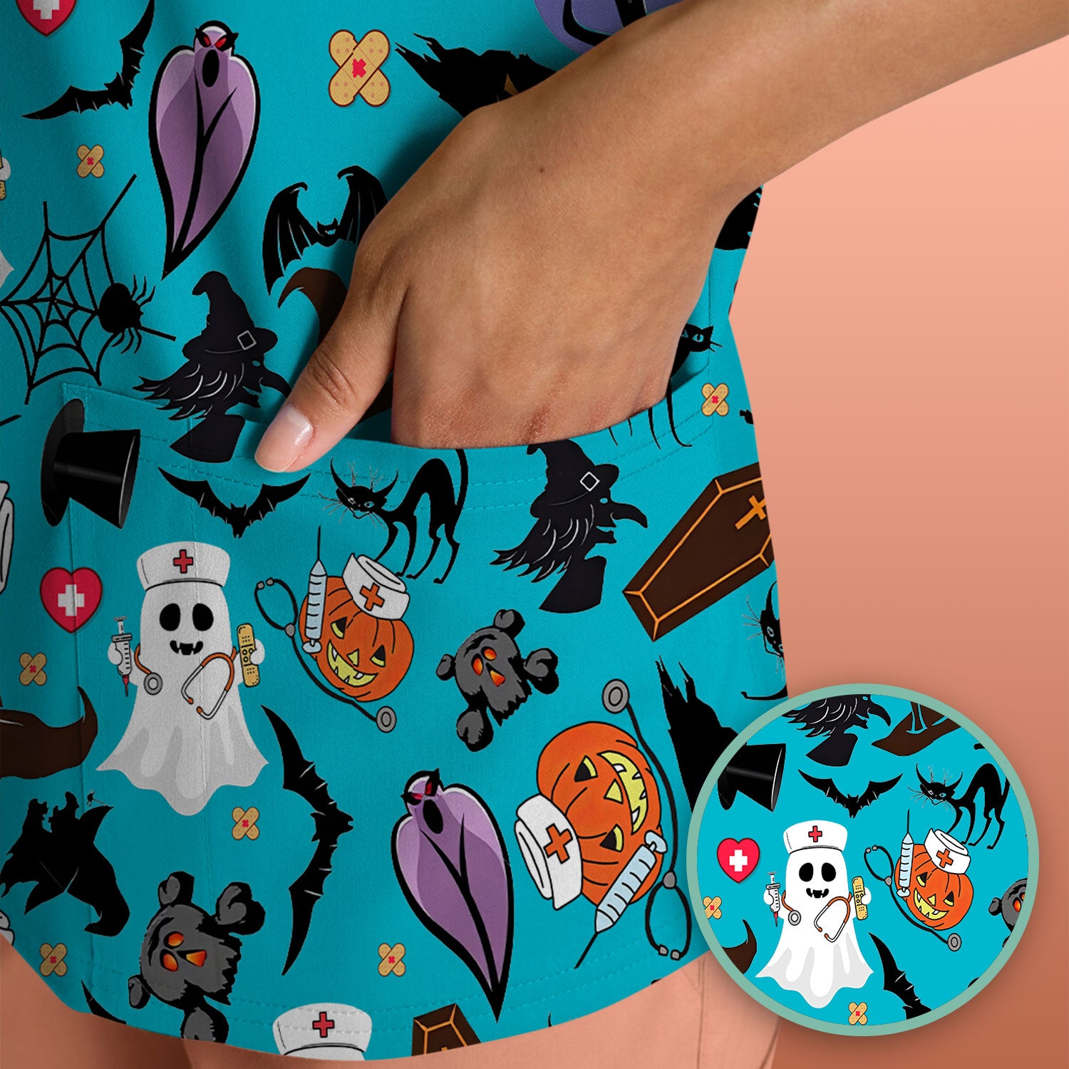 Spooky Halloween Scrub Top - Pumpkin Ghost Bat Nurse Shirt - Wicked Witch Medical Uniform for Women RN CNA LPN
