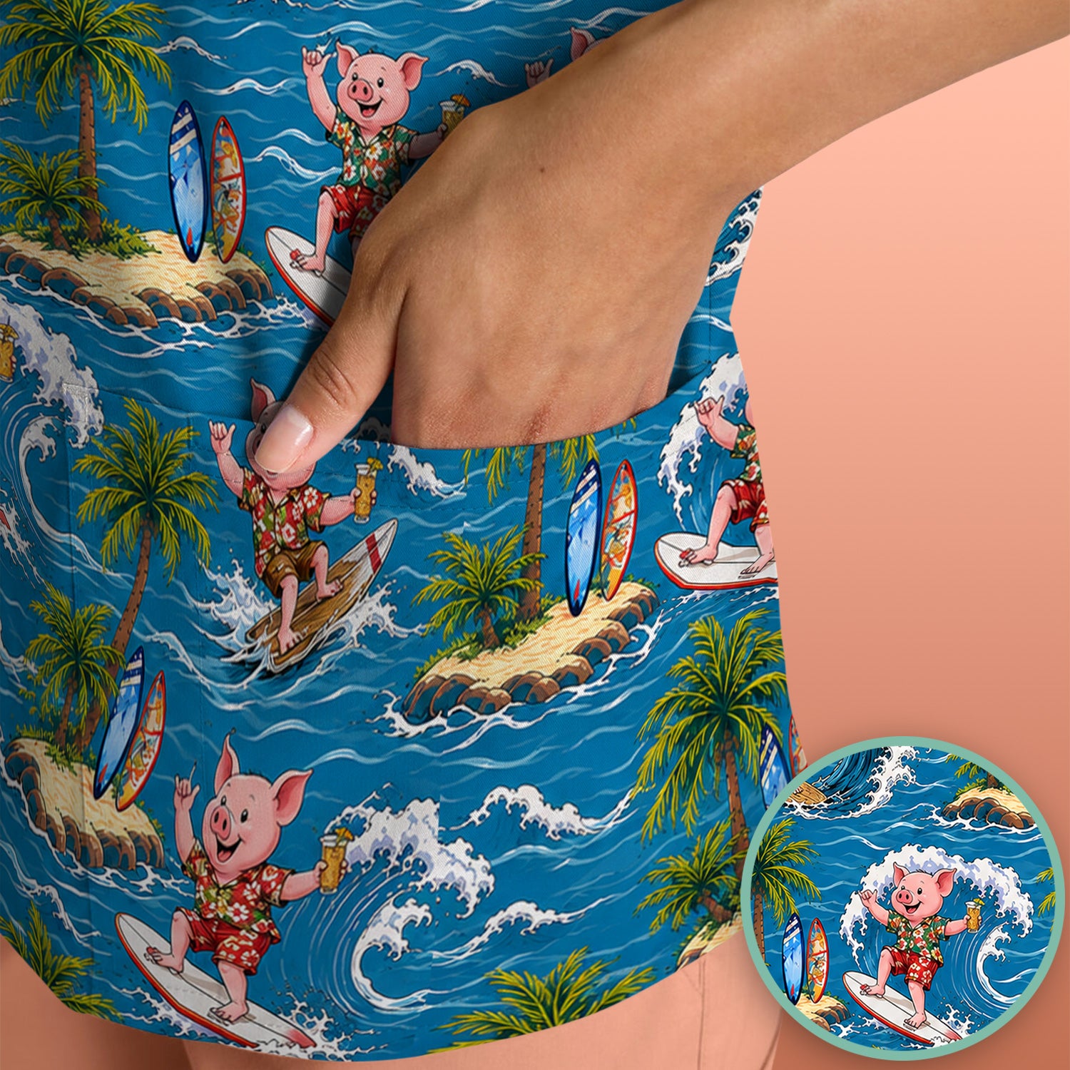 Tropical Surfing Pig Island Pattern Scrub Top, Comfortable Scrubs for Nurses