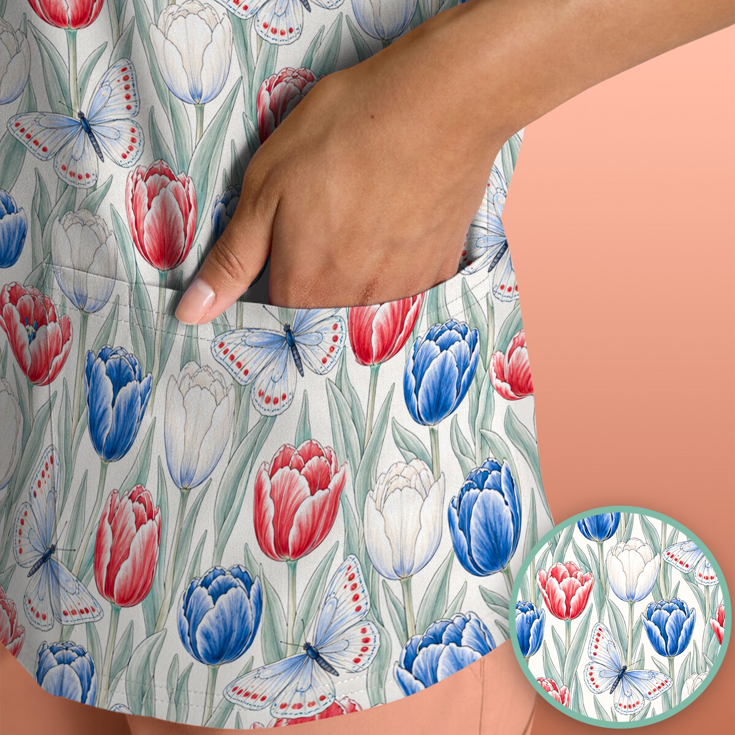 Patriotic Tulip Butterfly Nurse for RN, CNA, Healthcare Workers Scrub Top, Comfortable Scrubs for Nurses