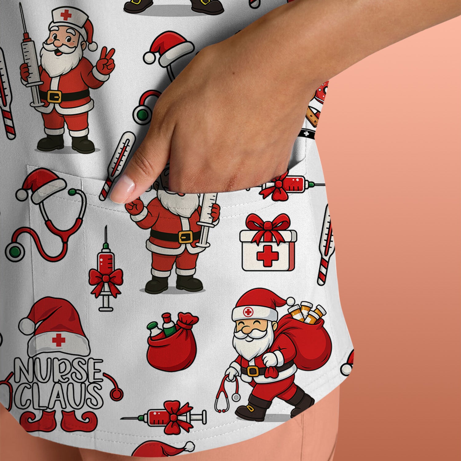 Nurse Claus Christmas Scrub Shirt - Cute Santa Nurse Scrub Top Multi Color - Funny Holiday Nursing Scrub Shirt with Pockets