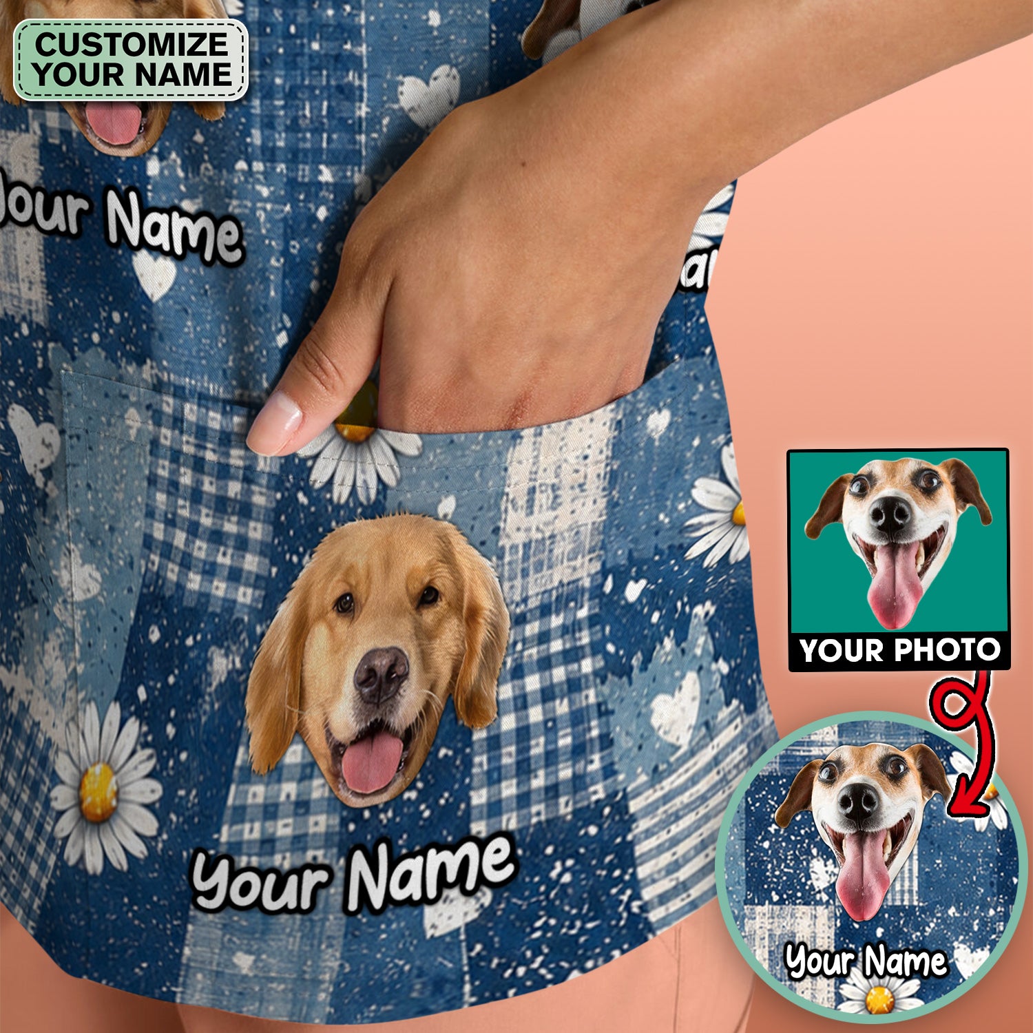 Personalized Cute Dog Portrait On Blue Patchwork Daisy Pattern Scrub Top, Comfortable Scrubs for Nurses