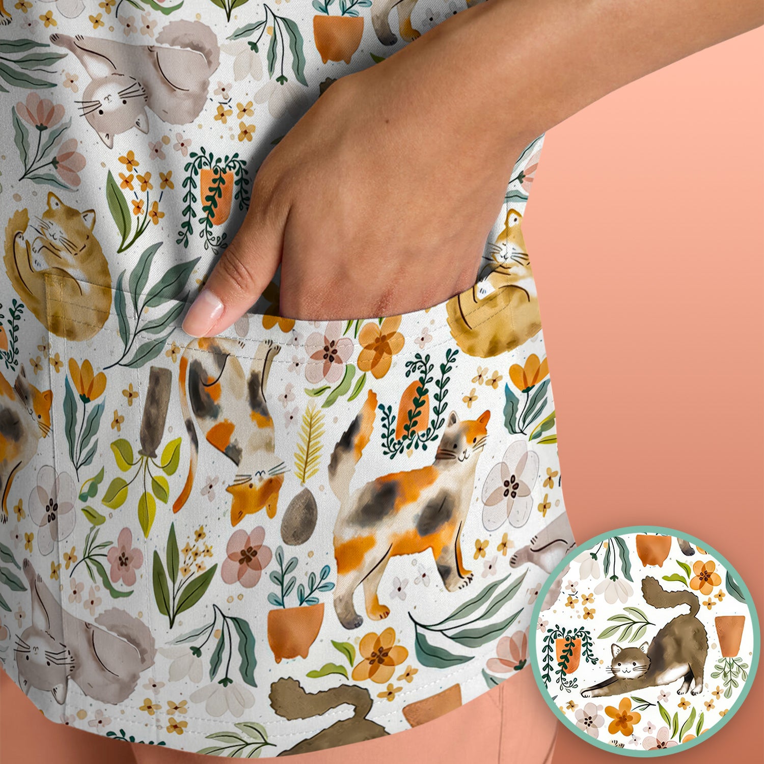 Cat Wildflower Garden Floral Pattern Scrub Top, Comfortable Scrubs for Nurses