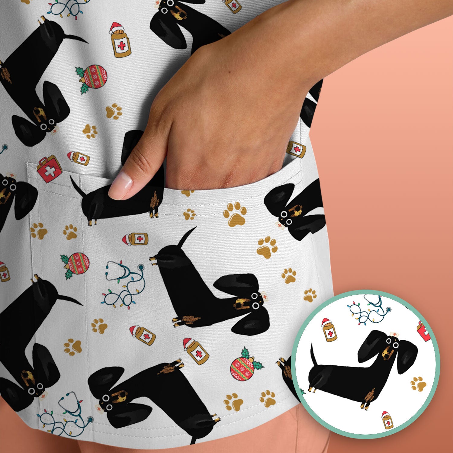 Funny Wiener Dog Scrub Top for Nurses - Cute Black Dachshund Medical Shirt - Dog Lover Nursing Uniform Gift for Women