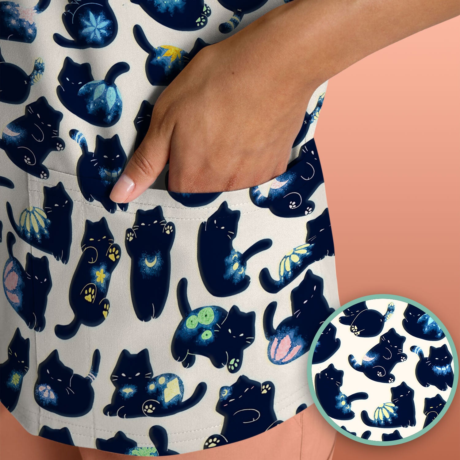 Midnight Cat Scrub Top, Black Cat Pattern Nurse Shirt, Breathable Fabrics Nursing Uniform