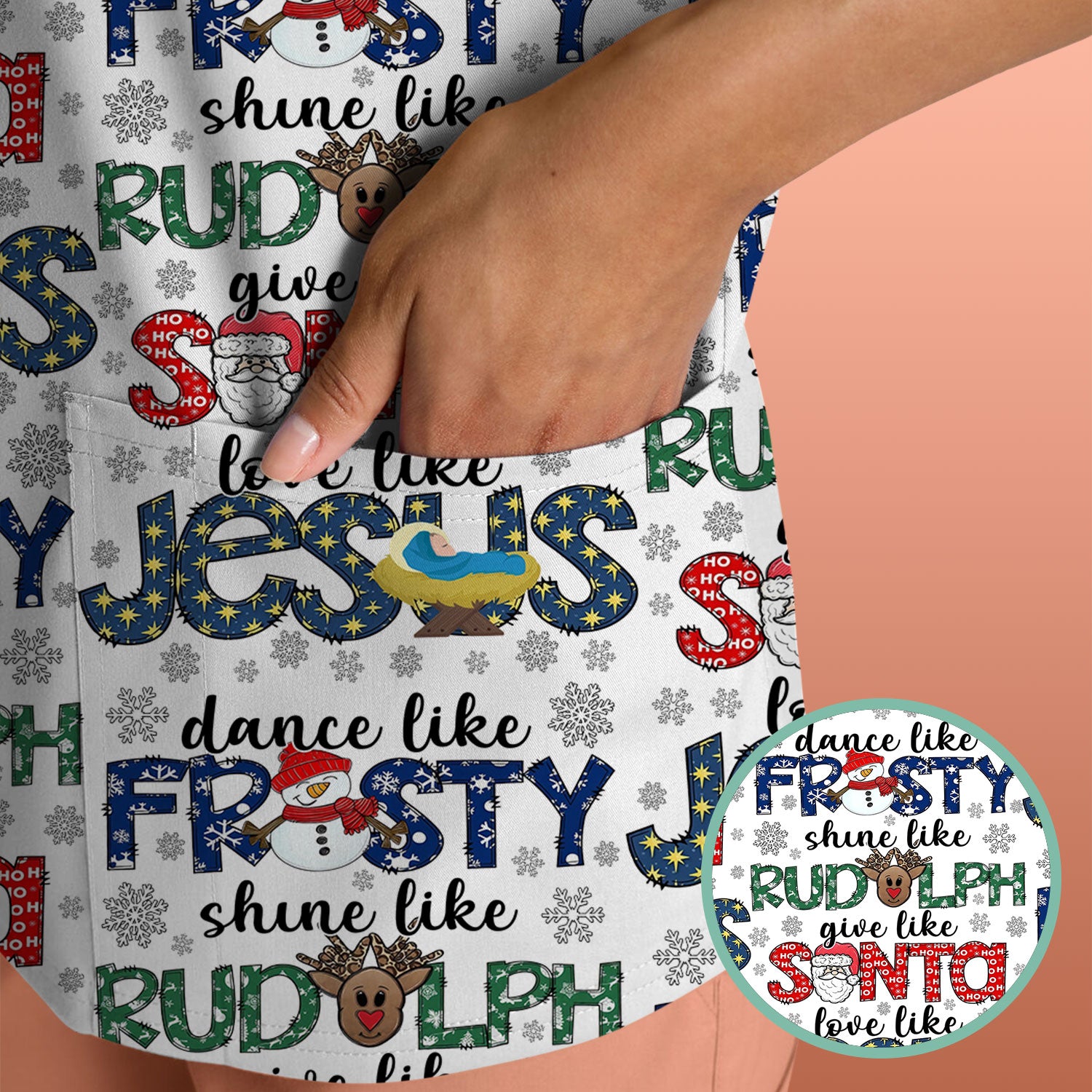 Christmas Rudolph Nurse Scrub Top for Women - Dance Like Frosty Shine Like Rudolph Give Like Santa Love Like Jesus - Holiday Med Shirt