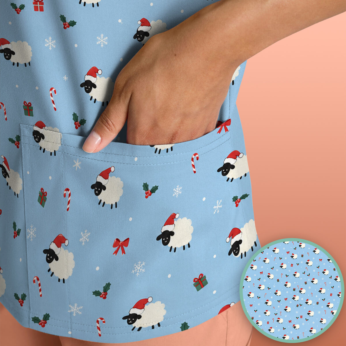 Cute Christmas Sheep Pattern Scrub Top, Comfortable Scrubs for Nurses