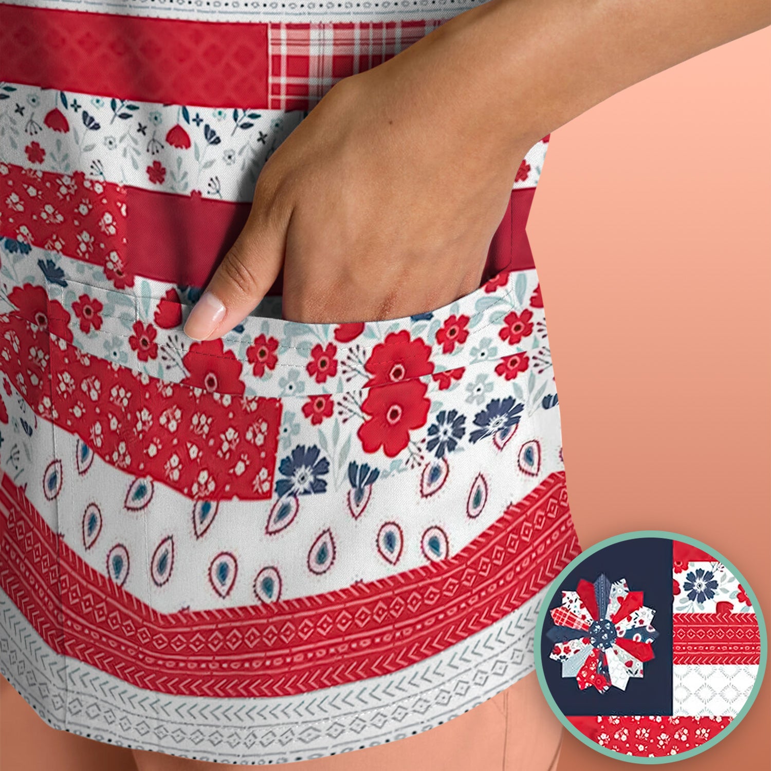Patriotic Floral Flag Patchwork Pattern Scrub Top, Comfortable Scrubs for Nurses