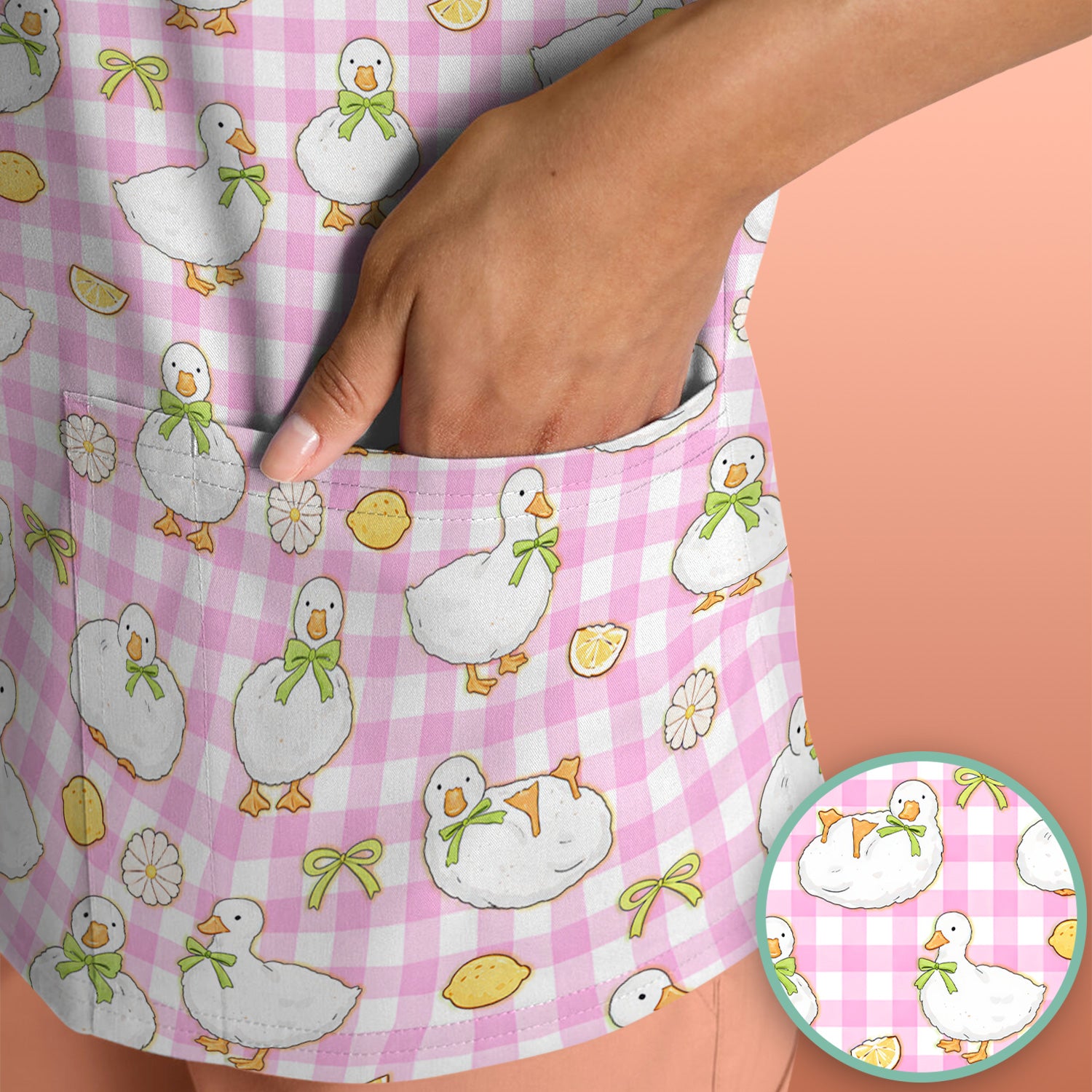 Adorable Ducks Lemon Daisy Pattern Scrubs Top, Comfortable Scrubs for Nurses
