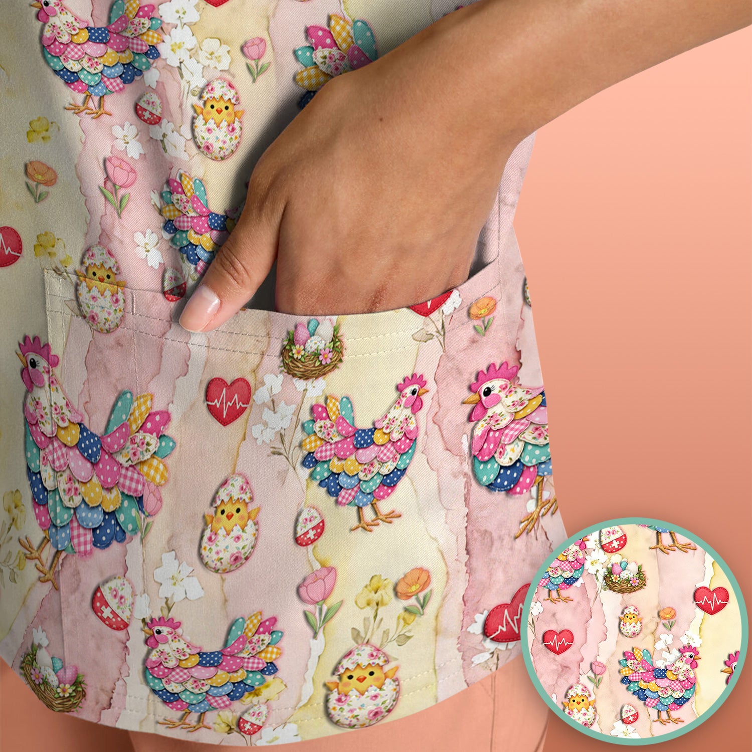 Colorful Chicken Easter Eggs Heart Pattern Scrubs Top, Breathable Fabrics Nursing Uniform
